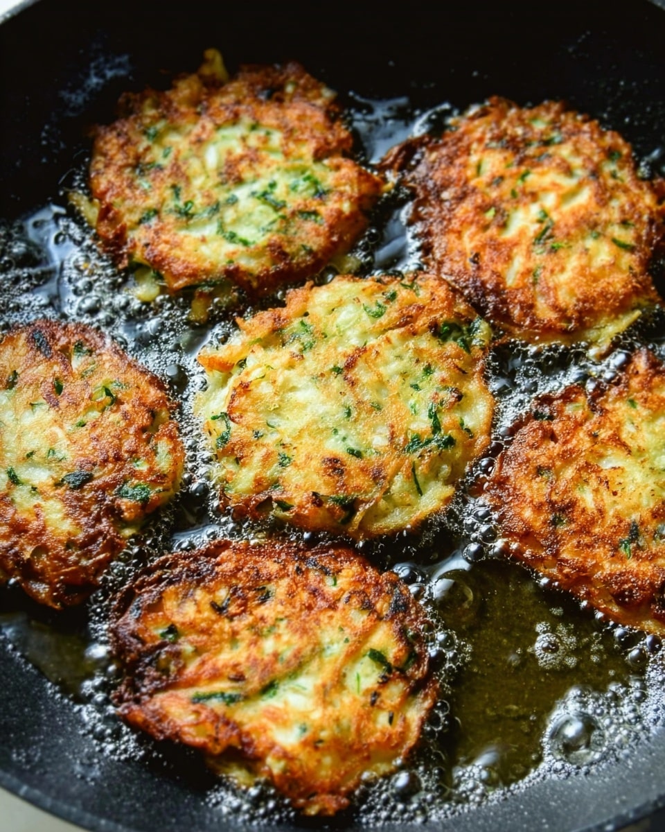The image shows a black pan with five golden brown fritters frying in hot oil. Each fritter has a rough circle shape with a crispy texture and bits of green herbs and vegetables visible inside. The fritters have uneven edges, showing a mix of light brown and green colors with some white spots. The pan surface has small bubbles of oil around the fritters, giving a shiny and greasy look. The white marbled background can be slightly seen behind the pan. photo taken with an iphone --ar 4:5 --v 7