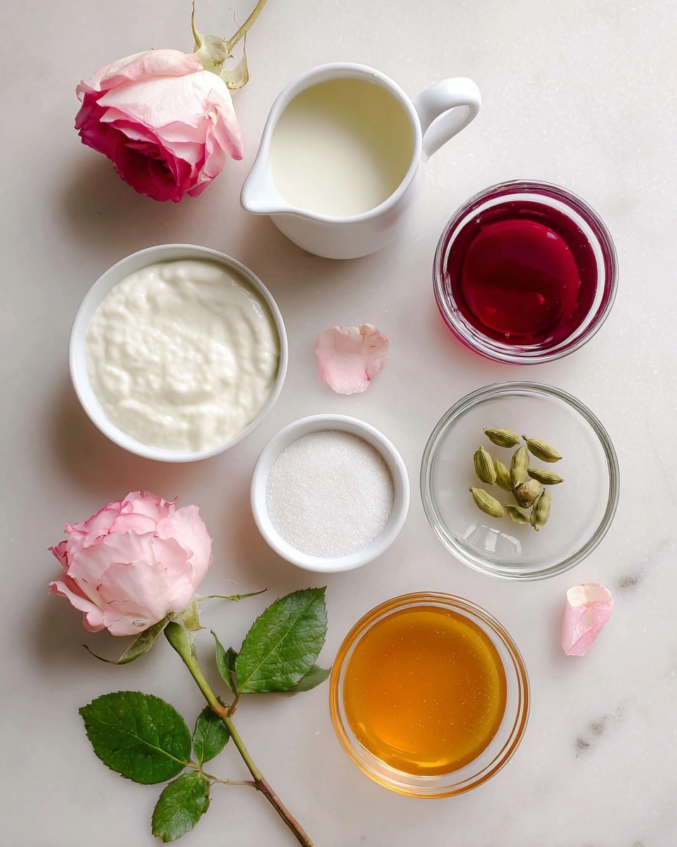 The image shows a white marbled surface with seven small white bowls and containers arranged neatly in a loose circle. In the center left, there is a white bowl filled with creamy white yogurt. Below it, a white bowl holds fine white sugar. To the right of the sugar bowl, another white bowl contains deep red rose syrup. Above the syrup, a white jug with a handle holds a light, creamy liquid labeled milk. Above the yogurt bowl is a glass bowl with three green cardamom pods. To the right of the cardamom is a clear glass bowl with golden honey, and below it another clear glass bowl holds transparent rose water. A pink rose with green leaves and a single loose petal are placed on the top left corner of the surface, adding a soft touch to the simple scene. photo taken with an iphone --ar 4:5 --v 7