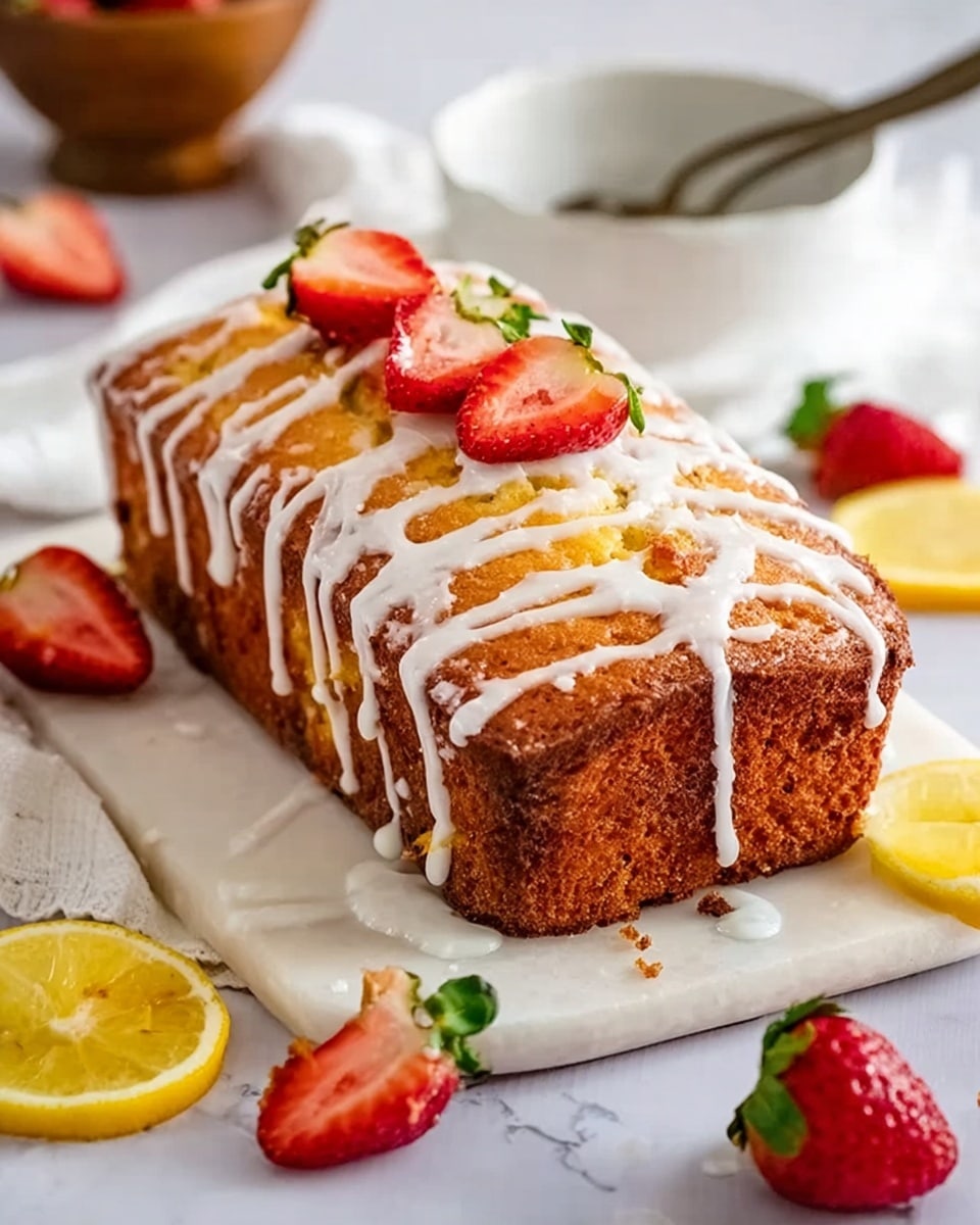The image shows a golden-brown loaf cake placed on a white marbled surface, sitting on a white plate. The cake has four visible layers of moist texture with small bits inside, and it is topped with a white drizzle of icing that flows down the sides in thin lines. Surrounding the loaf are fresh whole strawberries and sliced strawberries with bright red color and green leaves. To the side, there are thin slices of yellow lemon placed on the white marbled surface. A silver fork rests in a white bowl with a white cloth nearby. The scene is bright and clean, highlighting the cake and fresh fruit. photo taken with an iphone --ar 4:5 --v 7