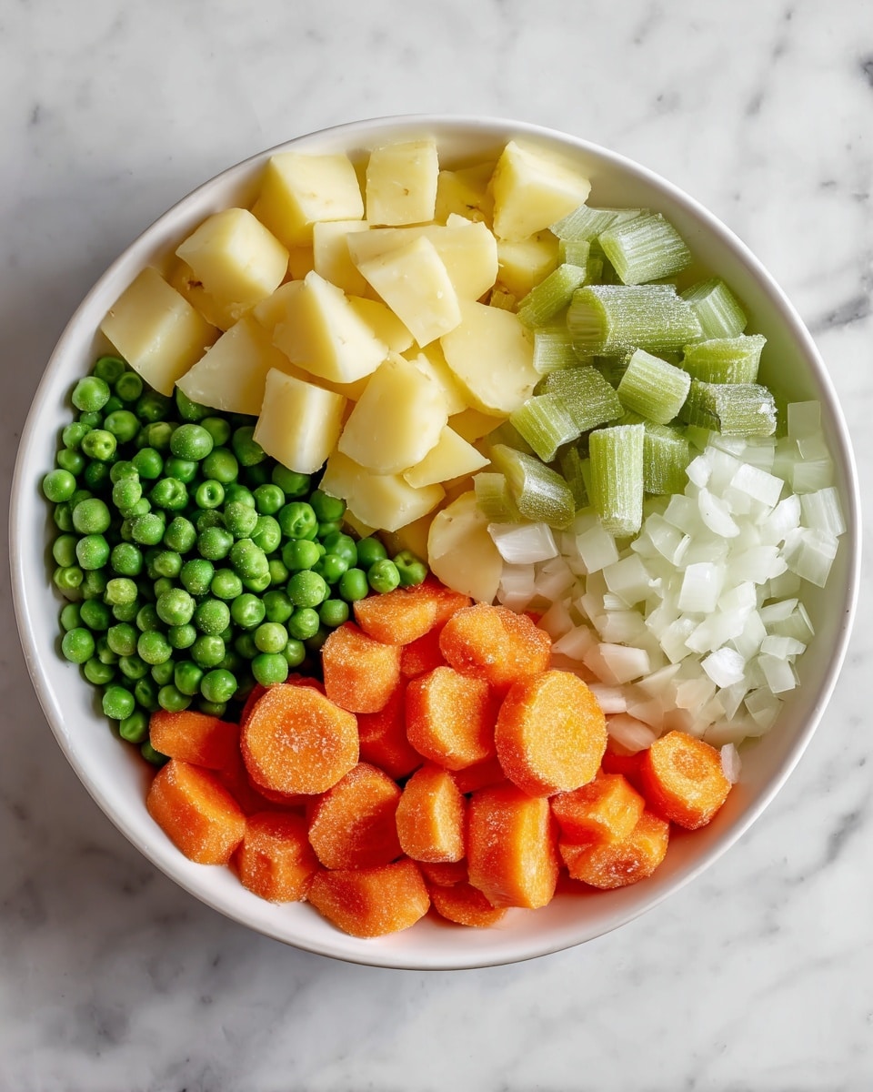 A white shallow bowl filled with four different chopped vegetables, each forming one section in the bowl. The top left part has pale yellow potato cubes with a smooth texture. The top right part holds light green celery pieces with a slightly rough texture. The bottom left part contains round, bright green peas covered lightly in frost. The bottom right part shows slices of vibrant orange carrots with smooth edges. Next to the carrots, there are finely chopped white onions with a soft texture. The bowl sits on a white marbled surface. Photo taken with an iphone --ar 4:5 --v 7