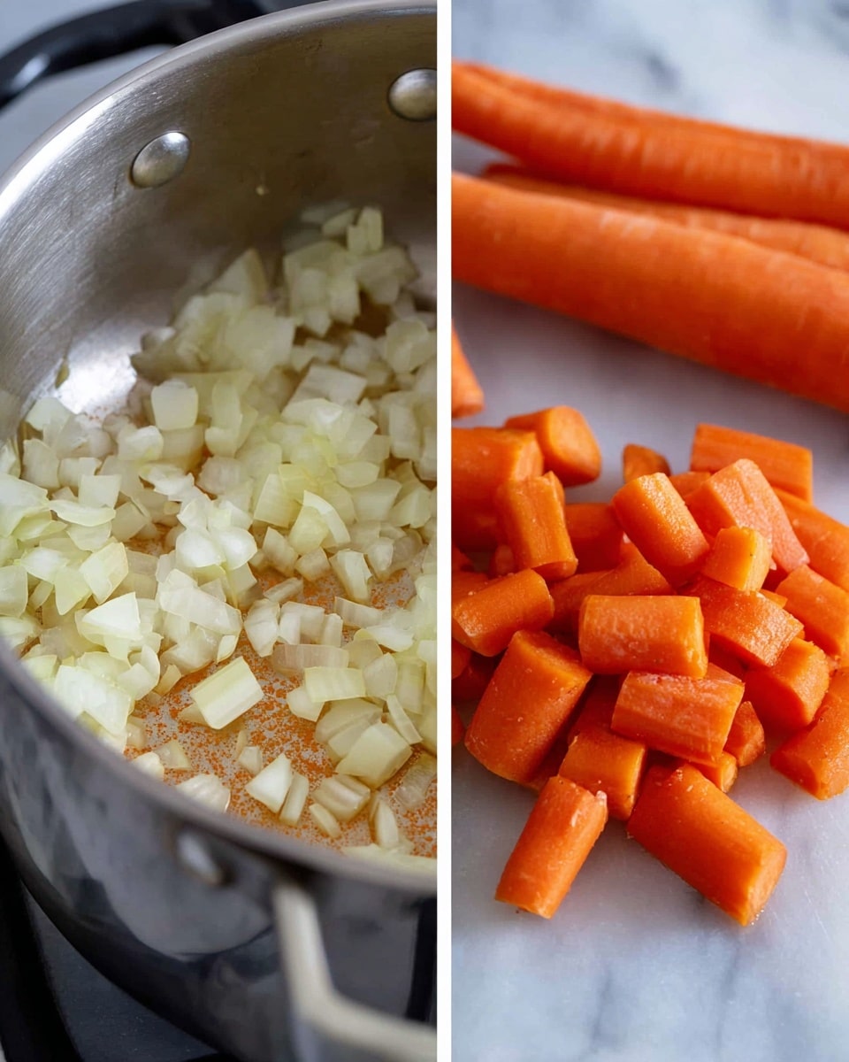 The left side shows a silver pot on a stove with diced onions cooking, the onions are pale yellow and slightly brown in parts, giving a soft and translucent look; the pot has round metal rivets visible near the top edge. On the right side, there are whole and chopped bright orange carrots placed on a white marbled surface, with the whole carrots in the background and the chopped carrot pieces in the front, arranged in a casual way. Photo taken with an iphone --ar 4:5 --v 7