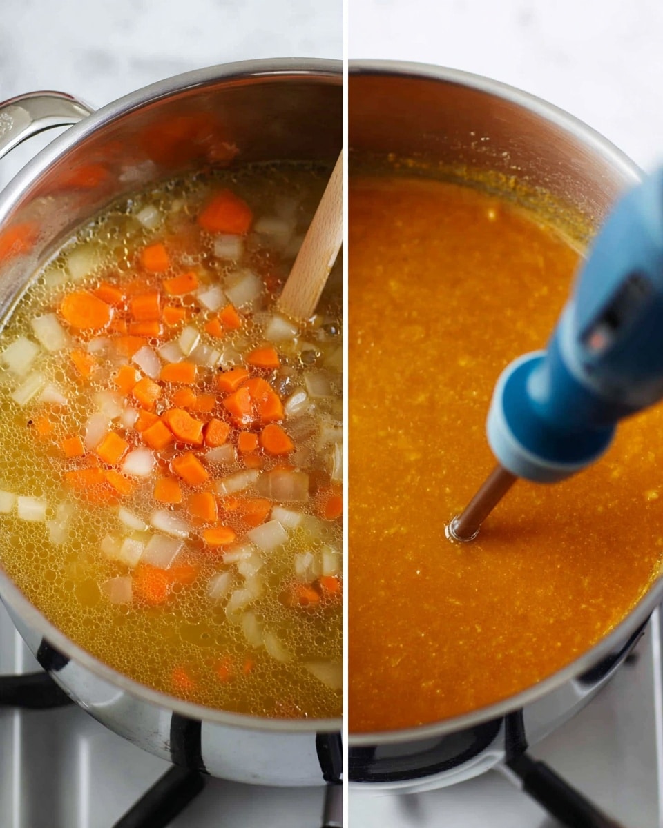 The image shows two side-by-side views of cooking soup in a silver pot on a stove with a white marbled surface. On the left, the soup is clear broth with visible large chunks of bright orange carrots and translucent white onions, stirred by a wooden spoon resting inside. On the right, the soup has turned smooth and thick with a rich orange color, being blended by a blue hand blender partially submerged in the pot. The silver pot reflects the surroundings softly and the background is blurred. photo taken with an iphone --ar 4:5 --v 7