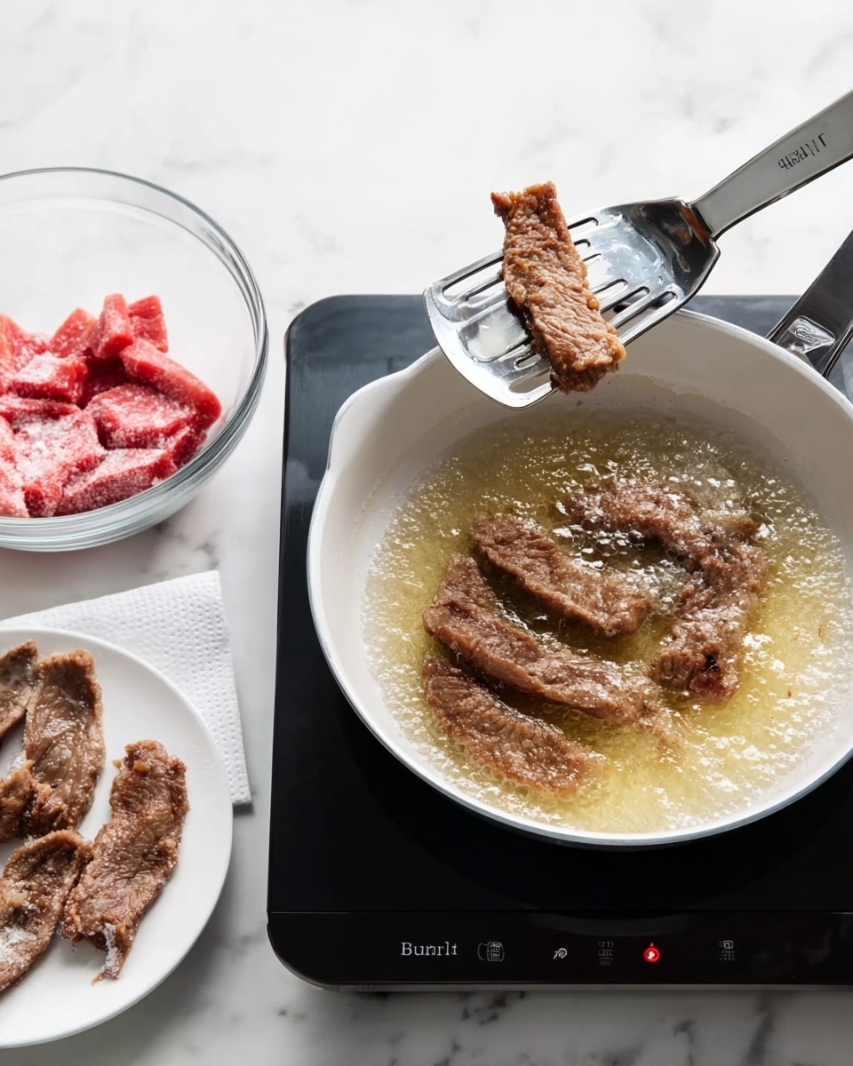 A white frying pan on a black electric stove is shown frying several strips of brown meat in bubbling light golden oil. A silver slotted spoon holds one cooked strip of meat above the pan. To the left, there is a clear glass bowl with raw red meat pieces coated in white flour. On the right, a white plate lined with white paper towels holds a few cooked strips of brown meat. The background surface is white marble. photo taken with an iphone --ar 4:5 --v 7