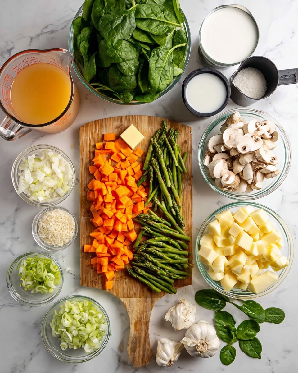 The image shows an arrangement of fresh ingredients on a white marbled surface for cooking. In the center, there is a wooden board with three main piles: bright orange chopped carrots on the left, cut green asparagus pieces on the right, and a small square of light yellow butter near the top. Surrounding the board are several glass bowls holding different items: dark green fresh spinach leaves in a large bowl at the top, sliced white mushrooms to the right, cubed pale yellow potatoes in the bottom right, chopped white onions in a small bowl below, and chopped pale green leeks in a bowl at the bottom left. Other items include a clear glass measuring cup filled with light orange broth at the top left, a smaller cup with white milk below it, a black measuring cup with white rice near the top right, a small wooden bowl with salt near the board’s bottom right, and a small glass bowl of minced garlic on the board near the carrots. Two garlic bulbs and several loose spinach leaves and mushroom slices are scattered on the surface. photo taken with an iphone --ar 4:5 --v 7