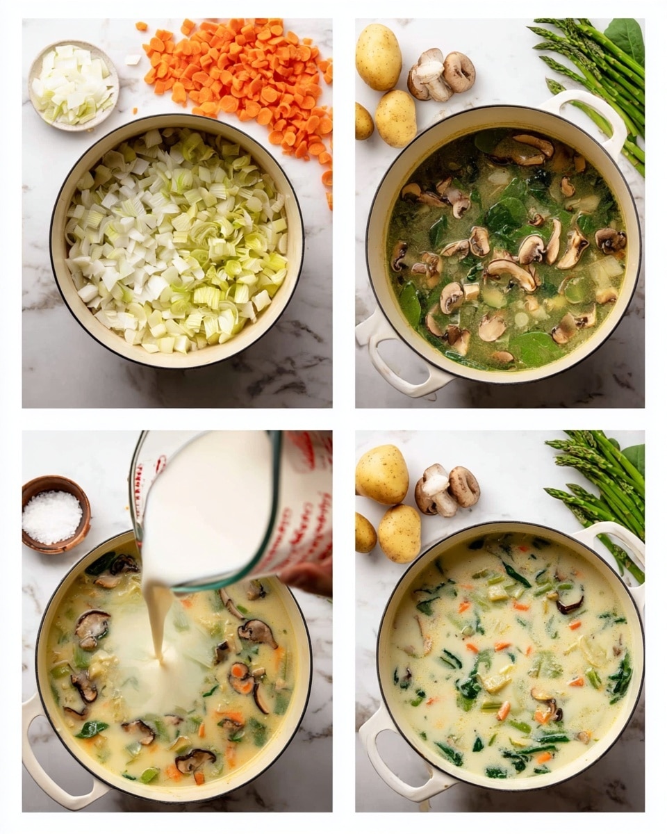 A white pot is shown in four stages of making a creamy vegetable soup. In the first image, the pot is filled with small pieces of white and light green vegetables, likely onions or leeks, placed on a white marbled surface with chopped orange carrots, green asparagus, and sliced mushrooms nearby. The second image shows the pot with a clear broth and floating pieces of mushrooms, carrots, asparagus, and celery, with spinach and other ingredients around on the white marbled surface. The third image captures a woman's hand pouring a white creamy liquid from a glass measuring cup into the soup, which is still in the pot with the mixed vegetables and broth. The final image shows the finished soup, creamy and light-colored, filled with mushrooms, green asparagus, spinach, and small carrot pieces in the white pot, surrounded by potatoes, mushrooms, green leaves, and a small bowl of salt on the white marbled background. Photo taken with an iphone --ar 4:5 --v 7