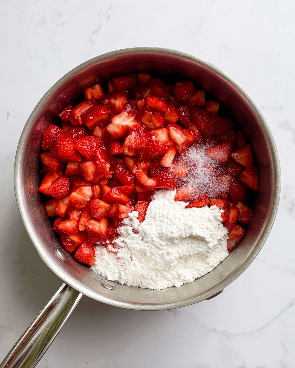 A round silver metal pot sits on a white marbled surface, filled with three main layers of ingredients. On the left and center is a large pile of small, bright red chopped strawberries with a juicy texture. On the top right side, white granulated sugar is sprinkled over some strawberries. Below the sugar, on the bottom right, there is a heap of white powdery flour resting on more strawberries. The pot's simple shiny metal handle extends to the left side. Photo taken with an iphone --ar 4:5 --v 7