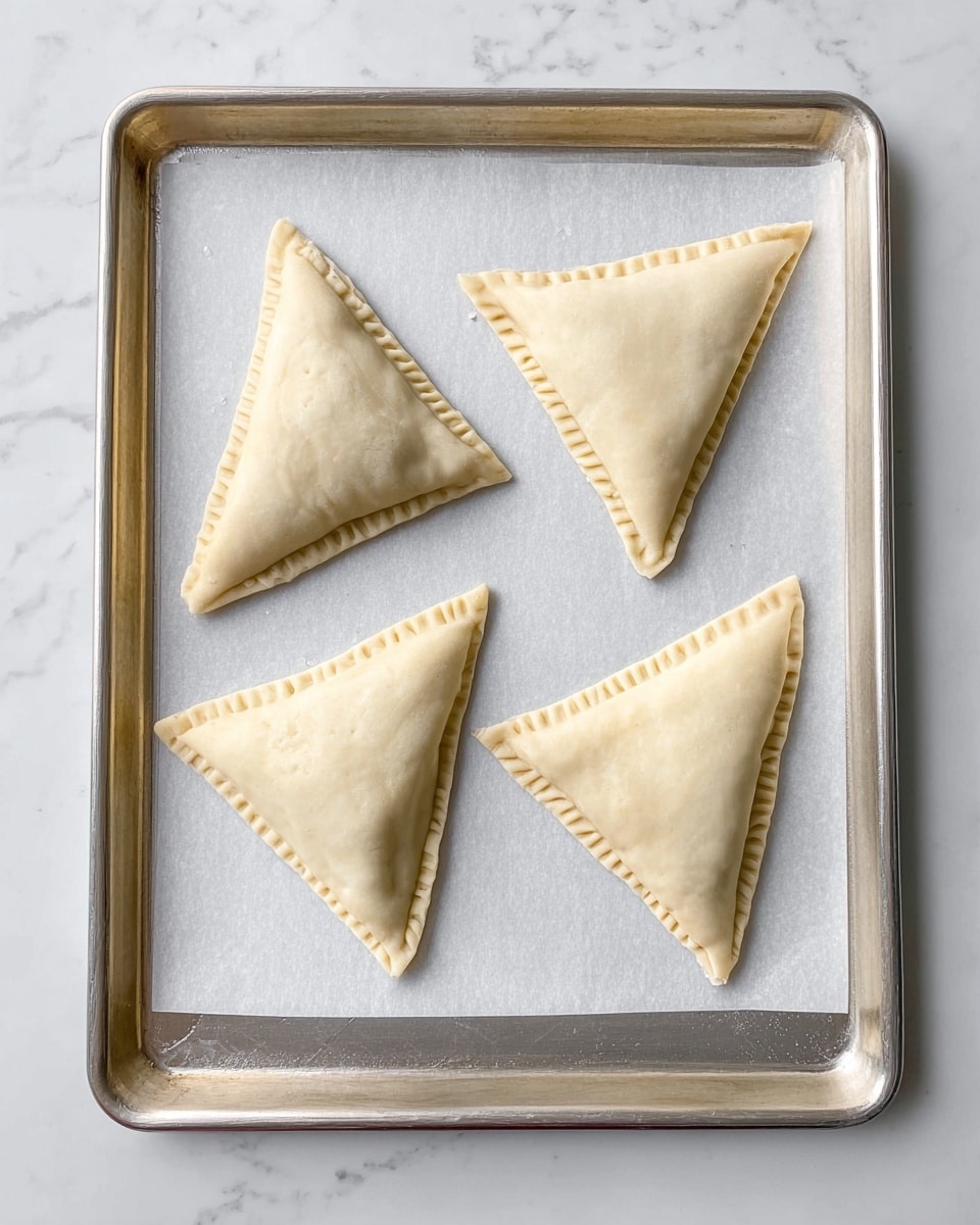 The image shows a metal baking tray lined with white parchment paper on a white marbled surface. On the tray, there are four triangular-shaped dough pieces, each sealed around the edges with fork marks, giving them a slightly textured border. The dough is pale with a smooth surface and no visible fillings, evenly spaced on the tray. photo taken with an iphone --ar 4:5 --v 7