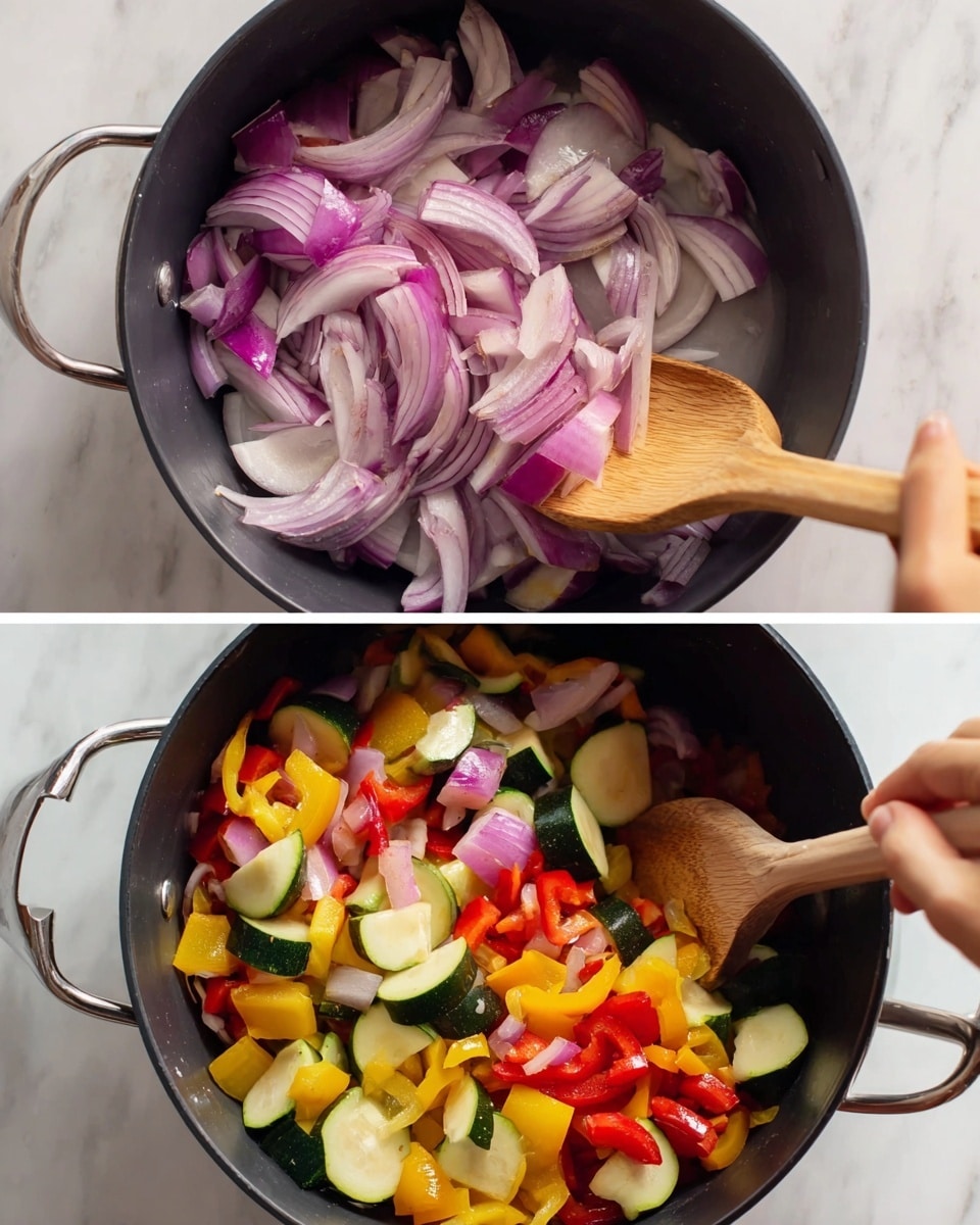 The first image shows a close-up of a black pot filled with sliced red onions that are pale purple with white layers, being poured in from a white bowl by a woman's hand, and stirred with a wooden spatula. The second image features the same black pot now filled with various chopped vegetables, including bright red and yellow bell peppers, light green zucchini, and the earlier purple-white onions, all being mixed with a wooden spoon by a woman's hand. The pot rests on a white marbled surface in both pictures photo taken with an iphone --ar 4:5 --v 7