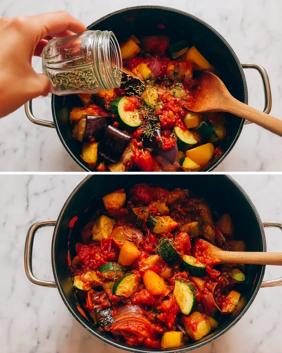 The image shows a black cooking pot placed on a white marbled surface. Inside the pot, there are large pieces of chopped vegetables including dark purple eggplant, light green zucchini, yellow bell pepper, and red onion slices, all layered with bright red tomato sauce and sprinkled with green herbs and white salt. A woman's hand is holding a small glass jar, pouring some spices into the pot. A wooden spoon rests inside the pot. In the second image, the vegetables and tomato sauce are mixed together, creating a colorful blend of glossy red, yellow, green, and purple chunks coated in sauce, held in the black pot over the white marbled surface. Photo taken with an iphone --ar 4:5 --v 7