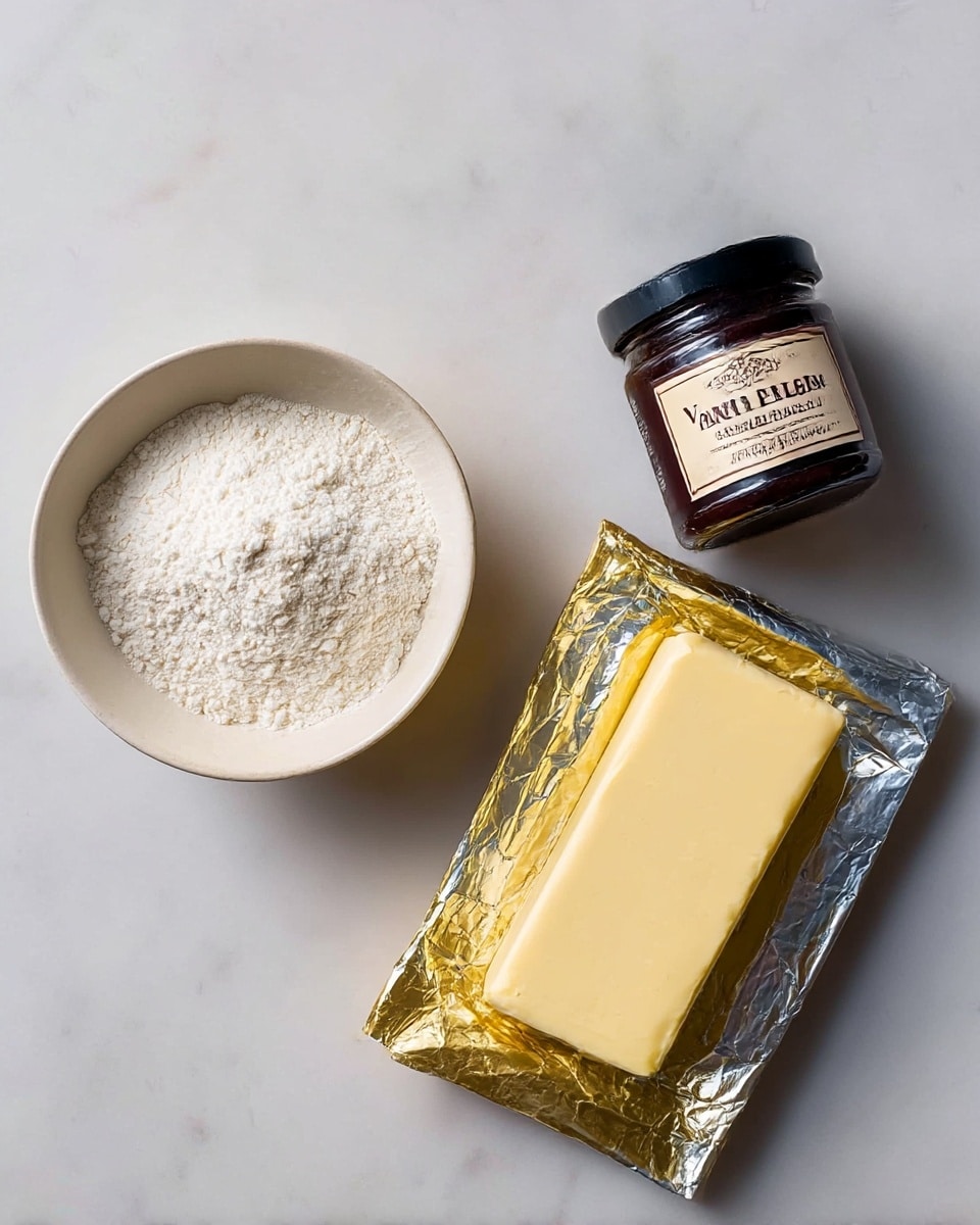 The image shows three ingredients on a white marbled surface: a white bowl filled with fine white powder, an opened rectangular block of pale yellow butter partly wrapped in gold and silver foil, and a small dark brown glass jar with a black lid labeled