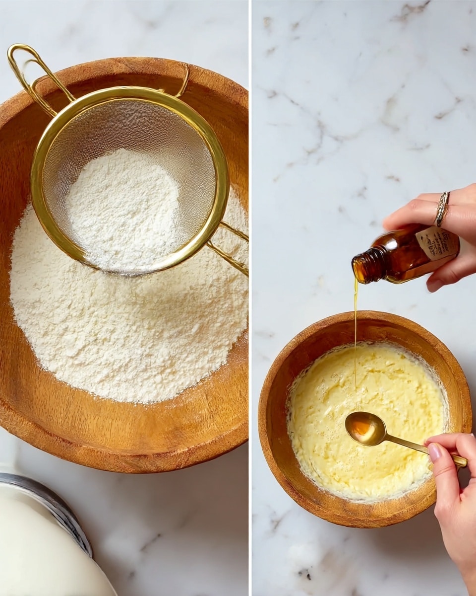 The left image shows a wooden mixing bowl filled with a white powder being sifted through a gold sieve, with the fine powder falling evenly into the bowl below. The mixing bowl rests on a white marbled surface with a white electric mixer partly visible on the side. The right image shows the same wooden bowl with a creamy yellow mixture inside. A woman's right hand holds a small brown bottle tilted over a gold teaspoon full of amber liquid, and her left hand steadies the spoon above the mixture. The bowl and hands rest on the same white marbled surface, and part of the white electric mixer is still visible near the bowl. photo taken with an iphone --ar 4:5 --v 7