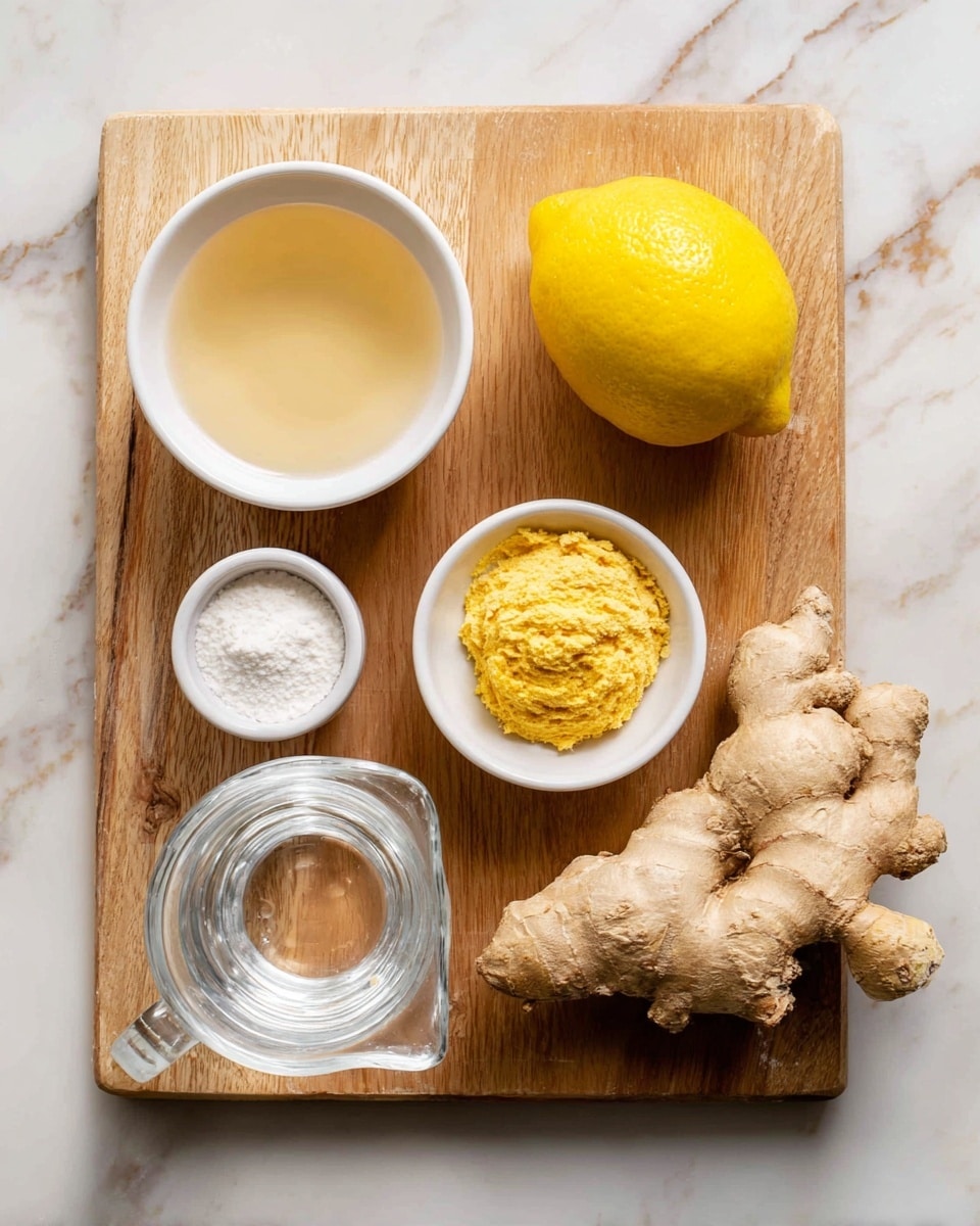 A wooden cutting board placed on a white marbled surface holds several ingredients neatly arranged. From left to right, there is a small white bowl filled with a light golden liquid, a small white bowl with fine white powder, a bright yellow whole lemon, a small white bowl with a thick yellow paste, a large piece of light brown ginger root with rough skin at the bottom right, and a clear glass measuring cup with water near the center bottom. The ingredients are evenly spaced, with the lemon and ginger root being the largest items. Photo taken with an iphone --ar 4:5 --v 7