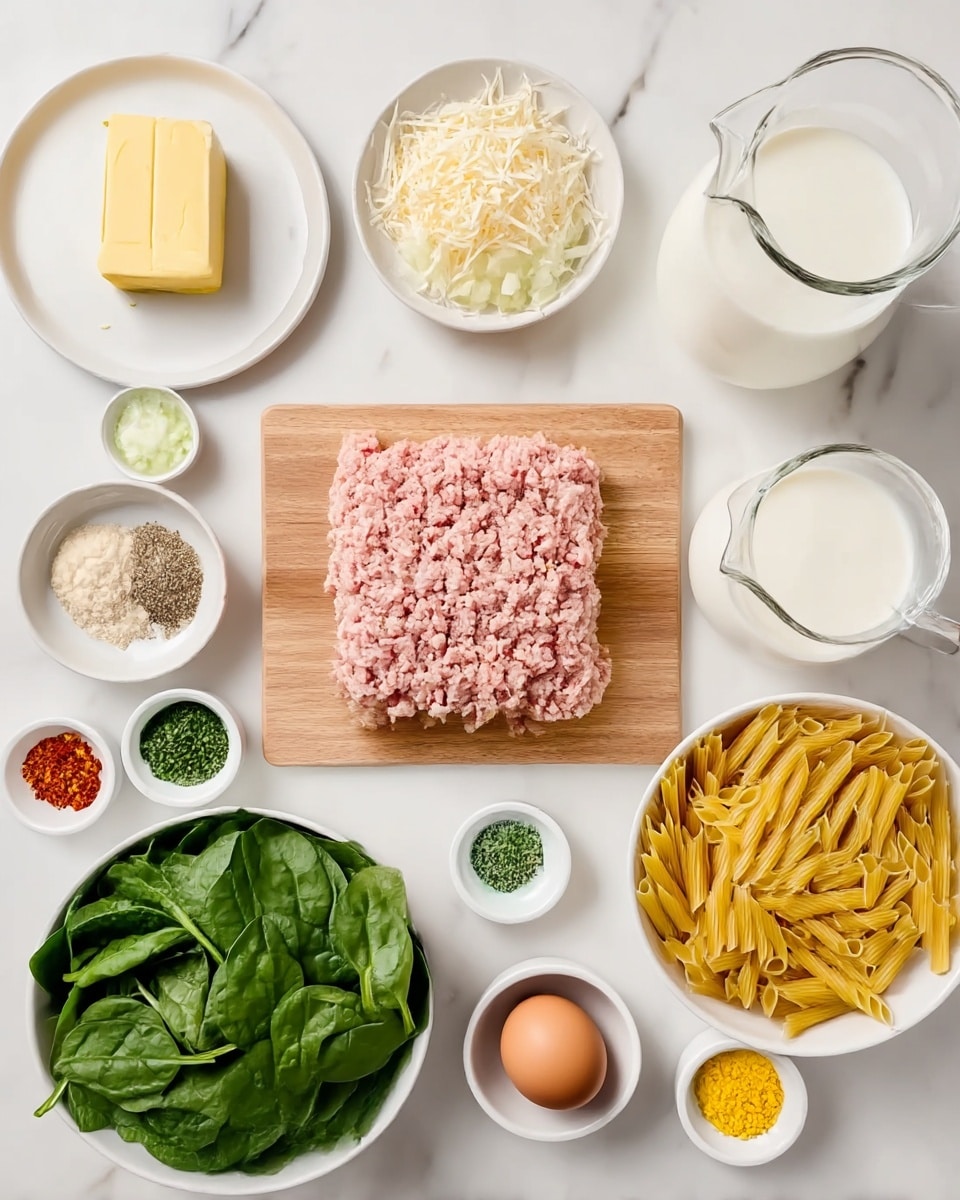 A wooden board is in the middle, holding a layer of pale pink ground meat. Around it, there are many small white bowls on a white marbled surface. Starting from top left, there is a square piece of yellow butter on a white plate, white shredded cheese in a white bowl, finely chopped white onion in a small white bowl, small bowls with salt, black pepper, and minced garlic. Near the bottom left is a large white bowl filled with fresh green spinach leaves. More small white bowls hold chopped green herbs, red pepper flakes, yellow lemon zest, breadcrumbs, and a single brown egg. To the right, there is a white bowl filled with uncooked yellow pasta and a large clear glass jug holding white milk. The scene is clean and bright. photo taken with an iphone --ar 4:5 --v 7