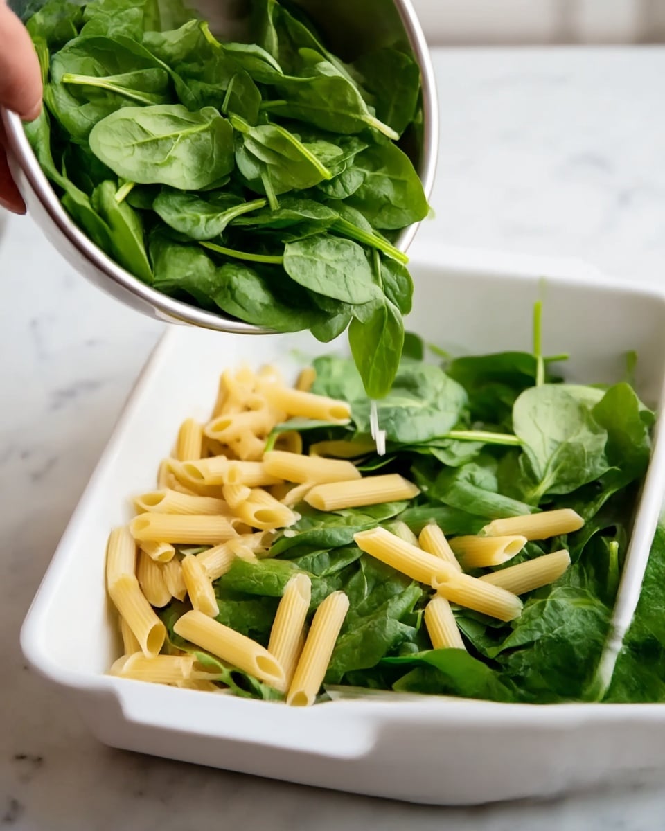 A white rectangular dish filled with fresh green spinach leaves forming the bottom layer, with a few pale yellow cooked penne pasta pieces scattered on top mostly on the left side; a metal bowl held by a woman's hand is tilted above the dish, pouring more spinach and pasta onto the spinach base; the background is a white marbled surface. photo taken with an iphone --ar 4:5 --v 7