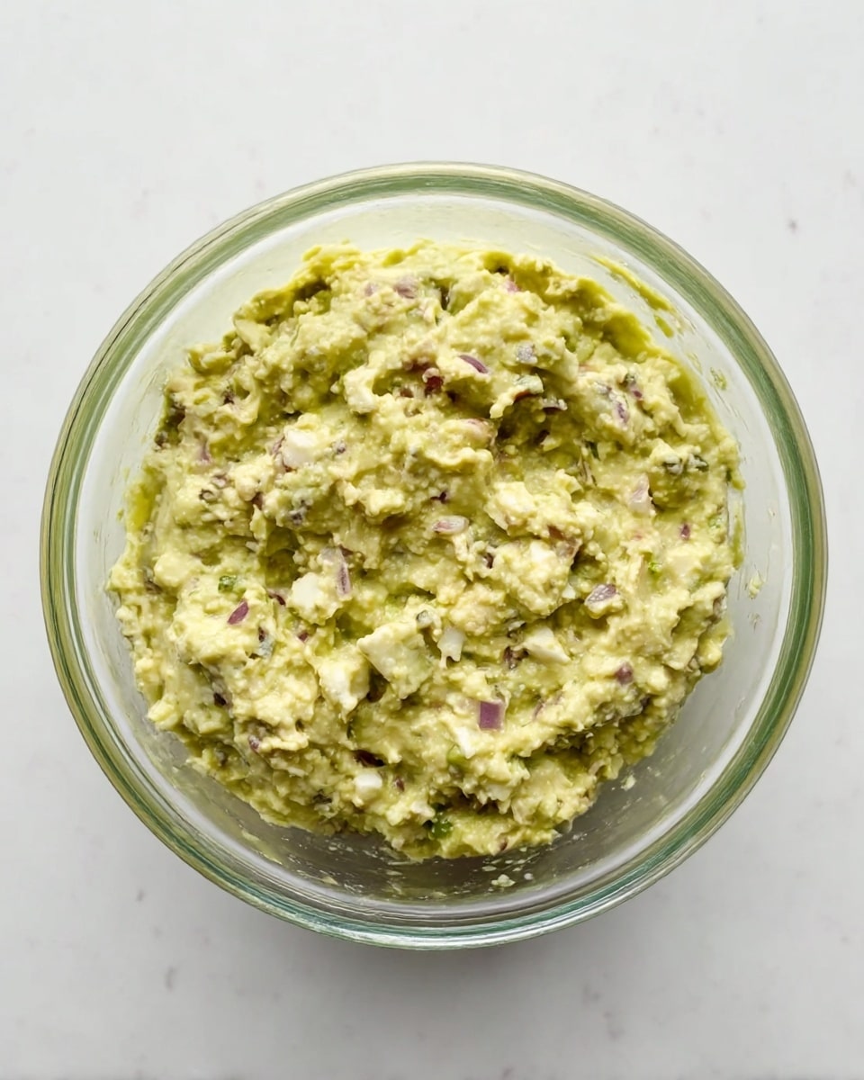 A clear glass bowl filled with a chunky, pale green mixture that looks creamy with small pieces of white, purple, and dark green ingredients mixed throughout. The texture is thick and somewhat uneven, showing bits of avocado, red onion, and possibly egg. The bowl is placed on a white marbled surface, and the mixture fills the bowl nearly to the top. photo taken with an iphone --ar 4:5 --v 7