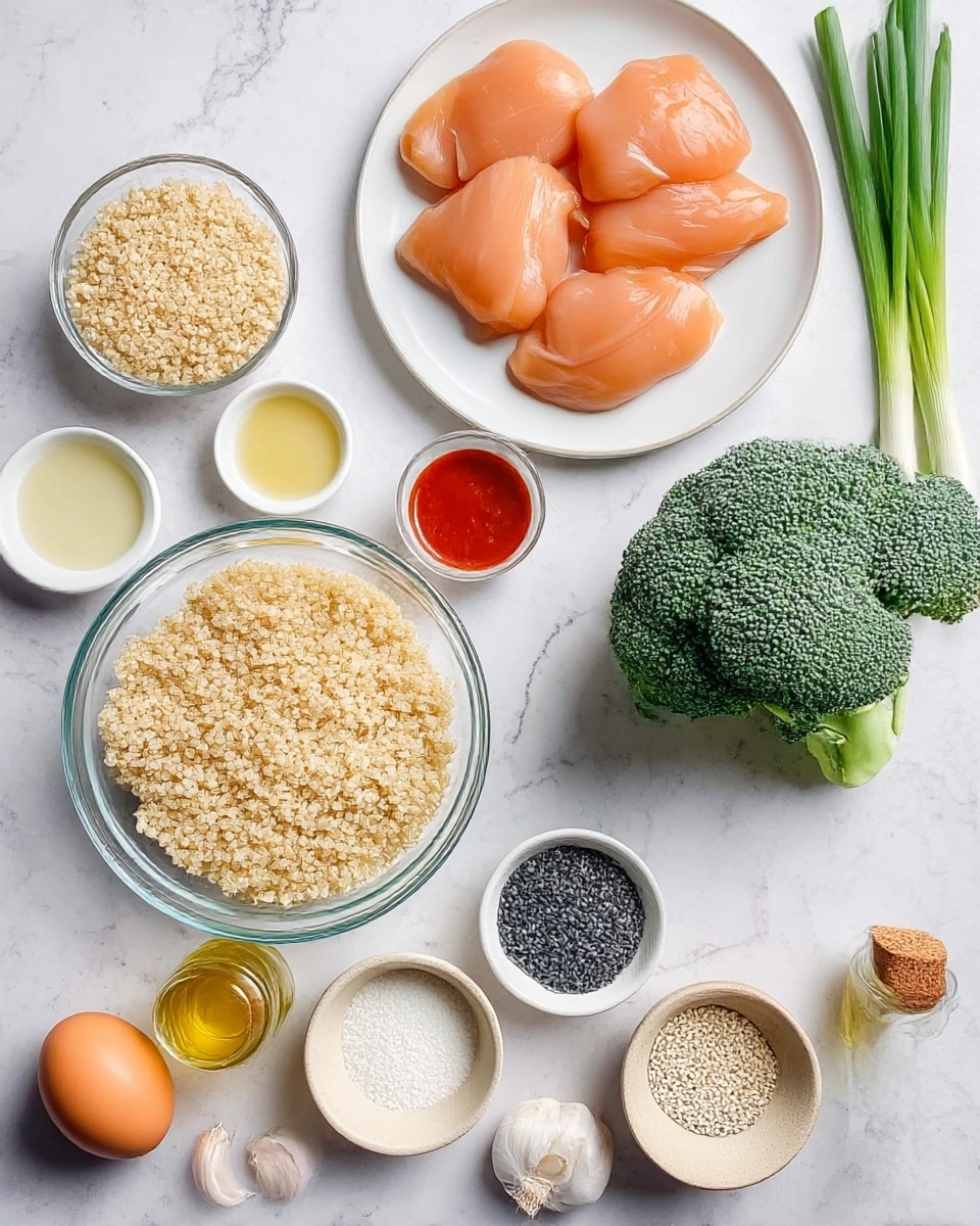 The image shows raw ingredients neatly arranged on a white marbled surface. At the center, there is a clear glass bowl filled with cooked quinoa, light beige and fluffy in texture. To the right, a bright green broccoli head with a thick stalk sits beside it. Above the quinoa bowl, there is a white plate holding five pieces of raw chicken, pinkish-orange and smooth. Around these main items, smaller containers hold various ingredients: two small white bowls with a light yellow liquid and a red sauce, another white bowl with a white powdery substance, a tiny cup with clear liquid, and a small beige bowl filled with black and white sesame seeds. A glass jar of golden oil and a single brown egg are placed near green onions, two small garlic bulbs, and a pair of glass bottles with cork tops containing liquids. photo taken with an iphone --ar 4:5 --v 7