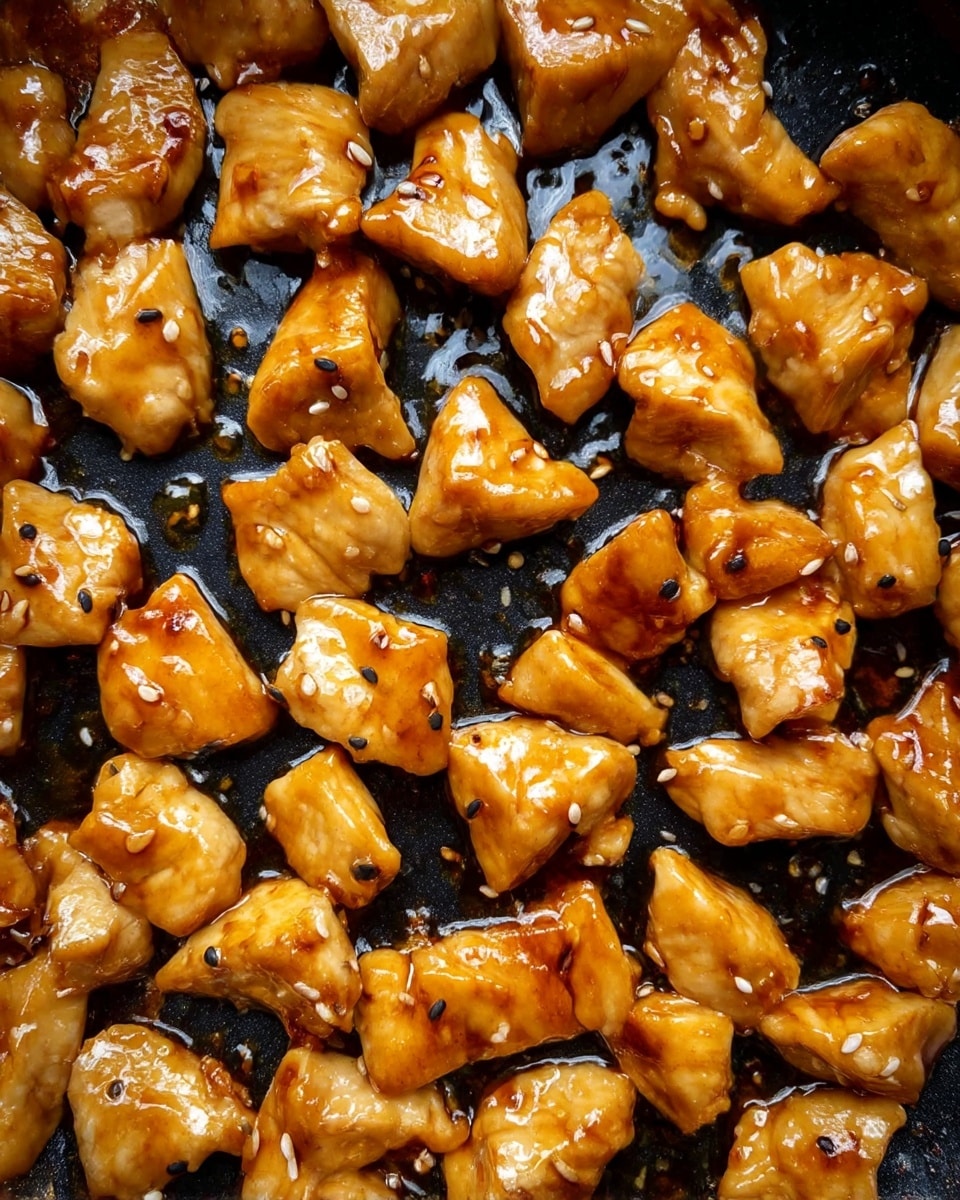 This image shows many pieces of golden brown chicken cooked in a pan. Each piece is small, thick, and uneven in shape, with a shiny glaze that looks sticky and smooth. The chicken pieces vary light tan to darker brown, showing they are well cooked and have some crispy edges. Tiny black and white sesame seeds scatter over the chicken, adding extra texture and little color dots. The background is a black pan surface with drops of sauce reflecting light, making the chicken look juicy and fresh. photo taken with an iphone --ar 4:5 --v 7