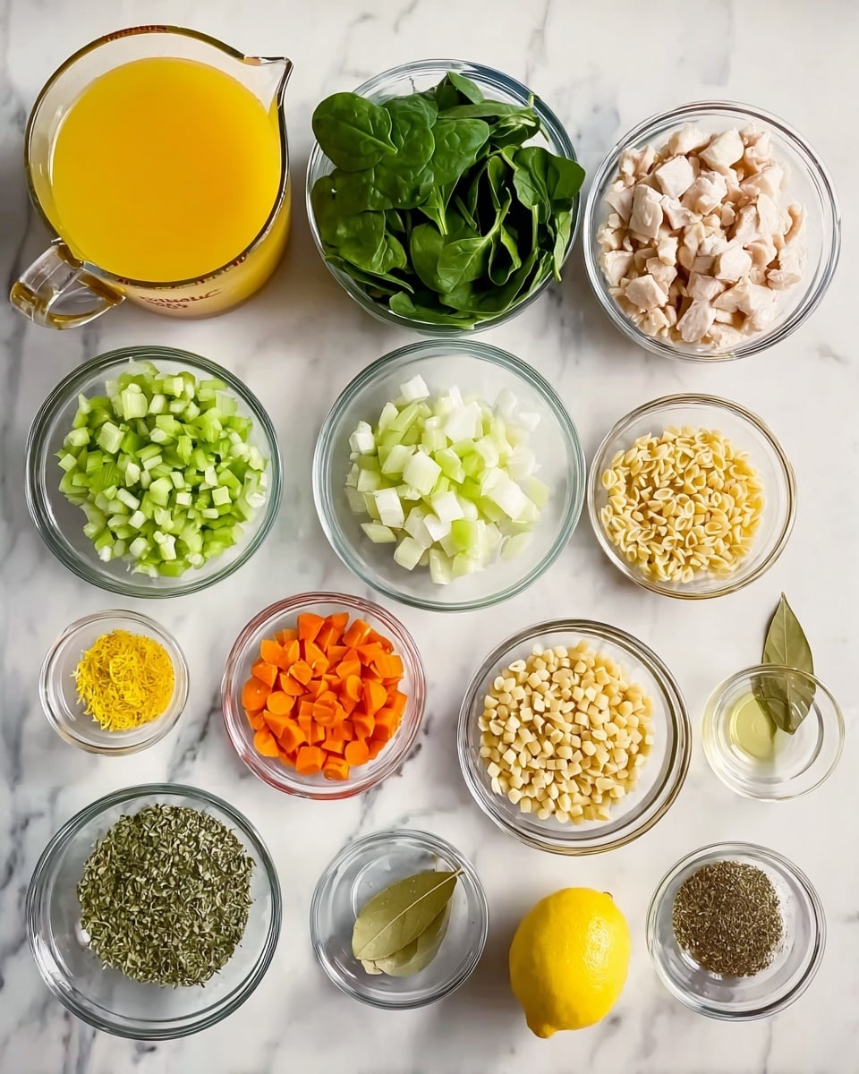 The image shows a top-down view of twelve clear glass bowls arranged neatly on a white marbled surface, each bowl filled with different ingredients. At the top left is a large measuring cup filled with bright yellow broth, next to it is a medium bowl filled with fresh green spinach leaves, and beside that is another medium bowl with small white pieces of cooked chicken. On the right side is a bowl with small uncooked orzo pasta. In the center row, from left to right, there are smaller bowls containing chopped green celery, chopped white onions, and chopped orange carrots. Below them, in the bottom row, there are smaller bowls with green herbs, yellow lemon zest, a dark dried herb, lemon juice in a small measuring cup, a dark spice, minced garlic, and a whole lemon with two bay leaves. The ingredients are well spaced and clearly visible in natural light. Photo taken with an iphone --ar 4:5 --v 7
