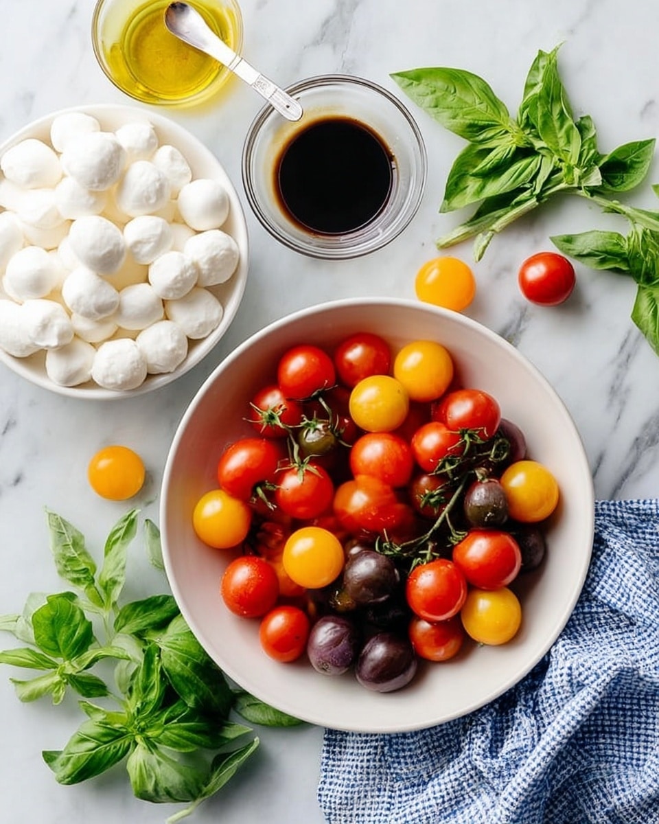 A white bowl filled with many small round tomatoes in red, yellow, and dark purple colors, arranged with some tomatoes still on the vine in the center of a white marbled surface. Above it is a white bowl holding many small white mozzarella balls. To the right of the tomato bowl is a small clear glass bowl with dark balsamic vinegar and a spoon in it. To the left is a small glass container of light golden olive oil. Fresh green basil leaves are scattered around the bowls, and a blue and white checkered cloth is placed at the bottom right corner. Photo taken with an iphone --ar 4:5 --v 7