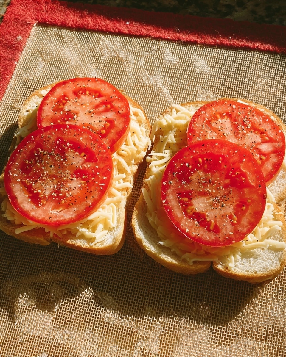 Two slices of white bread sit side by side on a textured beige mat with a red border. Each slice has shredded cheese spread evenly as the first layer, creamy off-white in color and soft in texture. On top of the cheese, three bright red tomato slices are arranged to cover most of the bread surface. The tomatoes show their juicy, seedy interiors and have been sprinkled with coarse salt and black pepper, adding a speckled white and dark texture. The scene is lit by warm sunlight, highlighting the colors and textures. photo taken with an iphone --ar 4:5 --v 7