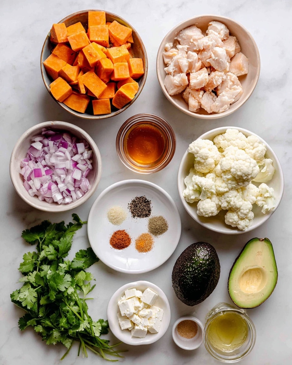 The image shows a white marbled background with several white and brown bowls and items neatly arranged. Starting from the top left, there is a bowl with cubed bright orange sweet potatoes. To its right is a white bowl filled with chunks of light pink chicken. Next to the chicken is a white bowl holding white cauliflower florets. Below the sweet potatoes, there is a small brown bowl with chopped red onions. In the center, a white plate displays various spices in small piles of beige, brown, and black colors. To the right of this plate, a small white dish holds a whole dark green jalapeño pepper. At the bottom center, a glass container filled with amber hot honey and a small white bowl with white feta cheese. To their right is a whole dark green avocado. Finally, a bunch of fresh green cilantro is placed on the bottom right side. Two small containers of olive oil and hot honey with different colors are also included in the layout. All items are on a white marbled surface. Photo taken with an iphone --ar 4:5 --v 7