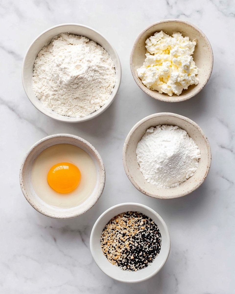 Five small white bowls are arranged on a white marbled surface, each containing a different ingredient. The top left bowl is filled with white flour, showing a smooth and slightly uneven texture. To its right, a bowl holds cottage cheese with small white curds piled loosely inside. Below the flour, a bowl contains a raw egg with a bright orange yolk in the center of clear egg white. In the middle bottom, a smaller bowl has a white mound of baking powder with a powdery texture. Finally, on the bottom right, a bowl holds a mix of black, white, and golden seeds labeled everything bagel seasoning. Each bowl is neatly spaced, and the lighting highlights the varying textures of the ingredients photo taken with an iphone --ar 4:5 --v 7