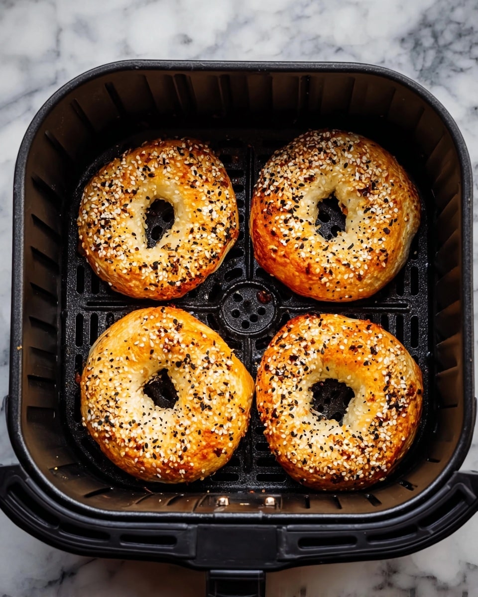 A black air fryer basket holds four round bagels with a golden brown, slightly shiny surface sprinkled with a mix of white sesame seeds, black sesame seeds, and small bits of dried onion and garlic. The bagels are evenly spaced in a square shape, resting on the black grid inside the basket. The background is a white marbled surface. Photo taken with an iphone --ar 4:5 --v 7