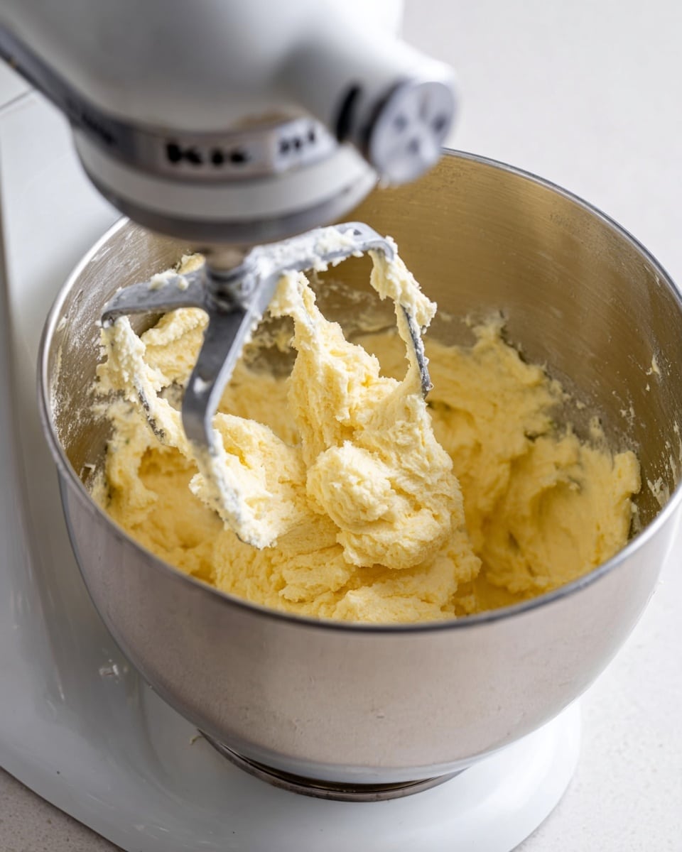 The image shows a close-up of a metal mixing bowl attached to a white stand mixer sitting on a white marbled surface. Inside the bowl, there is a light yellow, fluffy batter being mixed by the beaters of the mixer. The batter has a soft, creamy texture and is clinging to the beaters and the sides of the bowl. The mixer is slightly angled, with some parts blurred due to the focus on the batter, and the overall scene has a clean, kitchen-prep look. Photo taken with an iphone --ar 4:5 --v 7