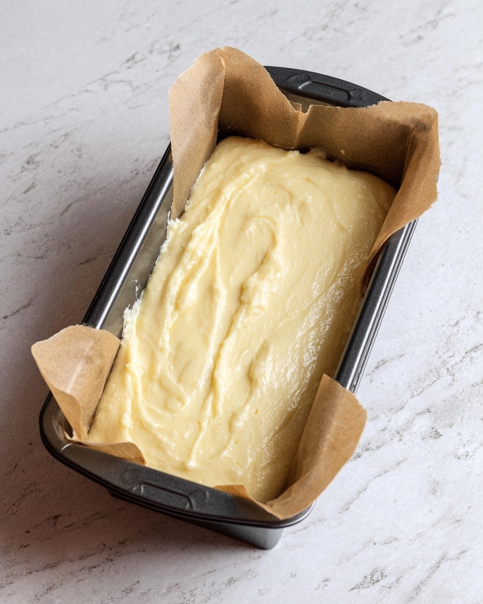 A black rectangular loaf pan lined with brown parchment paper holds a single layer of smooth, pale yellow batter spread evenly to fill the pan, with gentle swirls and a light crack running down the middle. The pan is placed on a white marbled surface. photo taken with an iphone --ar 4:5 --v 7