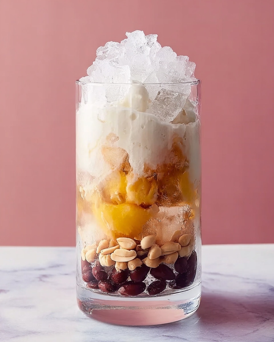 A tall clear glass filled with multiple layers of ingredients sits against a soft pink background on a white marbled surface. At the bottom, small round dark beans create the first layer. Above that is a thin layer of large light beige nuts. Next is a thick layer of crushed ice that looks frosty and cold. Resting on the ice, there is a layer of golden yellow slices of fruit. Above the fruit slices is a dollop of thick white cream that almost looks like whipped texture. Topping the glass is a heap of crushed white ice that spills slightly over the edges. The whole image looks fresh and inviting. Photo taken with an iphone --ar 4:5 --v 7