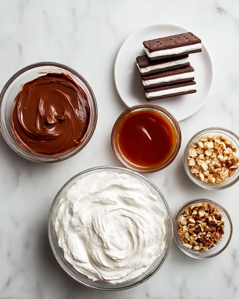 The image shows five small glass bowls arranged on a white marbled surface. One large bowl at the bottom center contains a thick white whipped creamy mixture with soft swirls on top. To the left, there is a medium bowl filled with a smooth dark brown chocolate spread with a shiny texture. Above it, a small bowl holds a rich reddish-brown caramel sauce that looks thick and glossy. At the top right, a small bowl is filled with chopped nuts in light brown and white colors. Finally, at the top center, there is a white plate stacked with rectangular chocolate sandwich cookies with white cream filling visible between the layers. Photo taken with an iphone --ar 4:5 --v 7