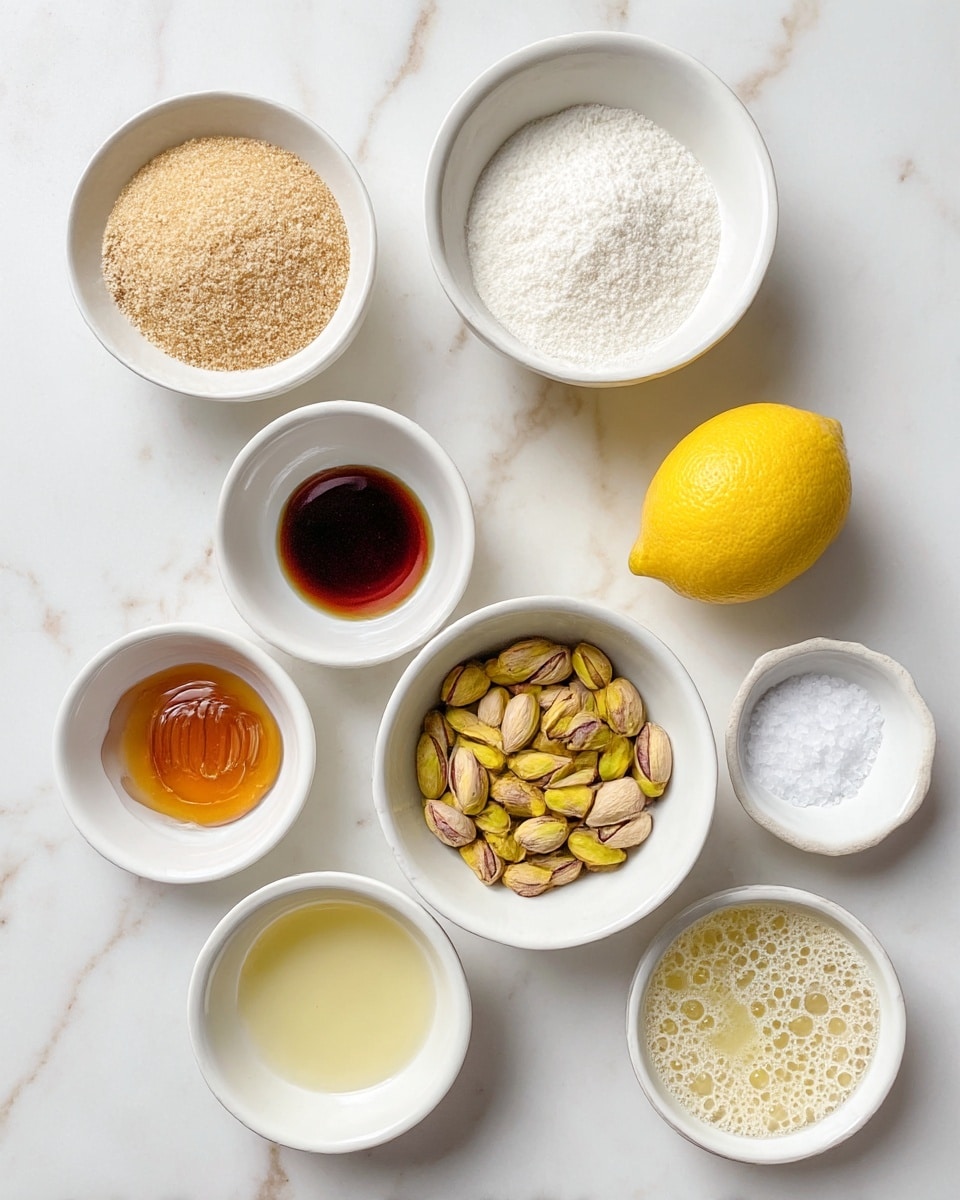The image shows nine white bowls and a lemon arranged on a white marbled surface. The largest bowl at the bottom left holds a beige powder with a slightly coarse texture. Above it, a medium bowl holds yellowish-green shelled pistachios. To the right of the nuts is a whole bright yellow lemon. Above the lemon is a white bowl filled with a fine, white powder. Next to it on the left is a bowl of light brown granulated sugar. Above the sugar is a small bowl with honey, showing a smooth, glossy texture in golden amber color. On the left side of this bowl is a tiny bowl with dark brown liquid, probably vanilla extract. Below that is a bowl with a clear, pale yellow liquid with bubbles, likely egg whites or oil. Next to it is a small dish with white salt crystals. All bowls have simple smooth surfaces and clean edges. The white marbled surface adds a clean and elegant background. photo taken with an iphone --ar 4:5 --v 7