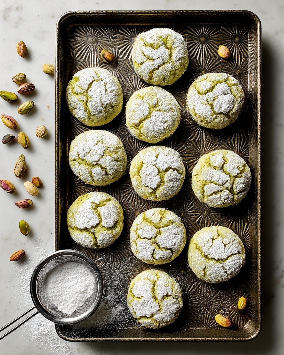 The image shows a dark, patterned baking tray holding eleven round pistachio cookies arranged in a loose grid. Each cookie is pale green with a cracked surface texture and is dusted with white powdered sugar that settles in the cracks and on top. Scattered around the cookies and tray are whole pistachio nuts, both shelled and unshelled, adding hints of green and brown colors. A small metal sieve filled with powdered sugar rests inside the tray near the bottom left corner, with some sugar spilled below it on the white marbled surface beneath. The lighting is bright, highlighting the contrast between the cookies’ texture and the tray’s geometric pattern. photo taken with an iphone --ar 4:5 --v 7