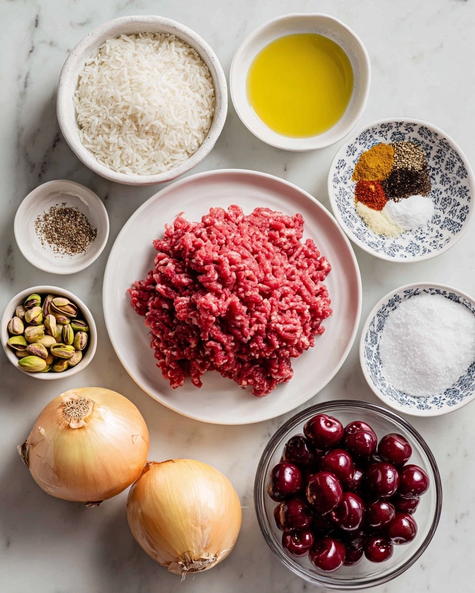 The image shows a flat top view of various cooking ingredients arranged on a white marbled surface. At the center is a white plate piled high with bright red raw ground meat. Above this are three small white bowls: one filled with white uncooked rice grains at the top center, one with yellow oil to the right, and one with mixed spices including black seeds, a reddish powder, and salt to the top left. Below the spice bowl is a smaller white bowl holding green and beige pistachios. At the bottom of the image are two whole yellow onions with smooth skins side by side. To the right of the onions is a clear glass bowl full of deep red fresh cherries, and next to it is a small white bowl with white granulated sugar, which has a blue and white patterned rim. photo taken with an iphone --ar 4:5 --v 7