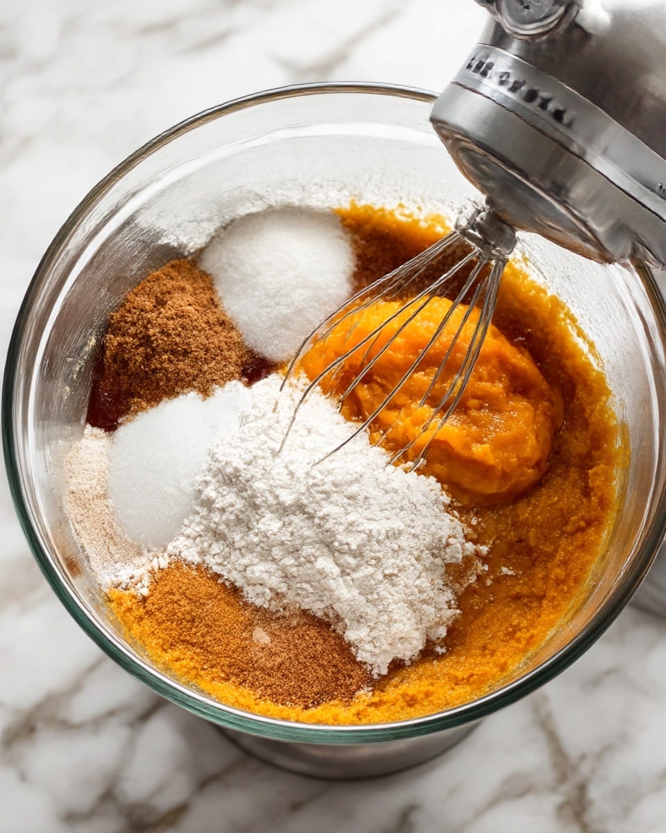A clear glass bowl on a white marbled surface holds several dry ingredients layered separately: white flour, brown sugar, cinnamon, and ginger, with a silver whisk resting inside. Next to it, a shiny silver mixing bowl attached to a stand mixer shows a layer of white sugar with light brown sugar on top. The next image shows the same bowl with the sugars mixed, now topped with a raw egg and dark vanilla extract. The following shot adds two smooth, bright orange pumpkin puree scoops on top of the mixed wet and dry ingredients. In the next image, the mixture is combined into a uniform, thick, orange batter. Finally, white flour is added in a pile on top of the orange batter inside the same silver mixing bowl. The background is a white marbled surface. Photo taken with an iphone --ar 4:5 --v 7