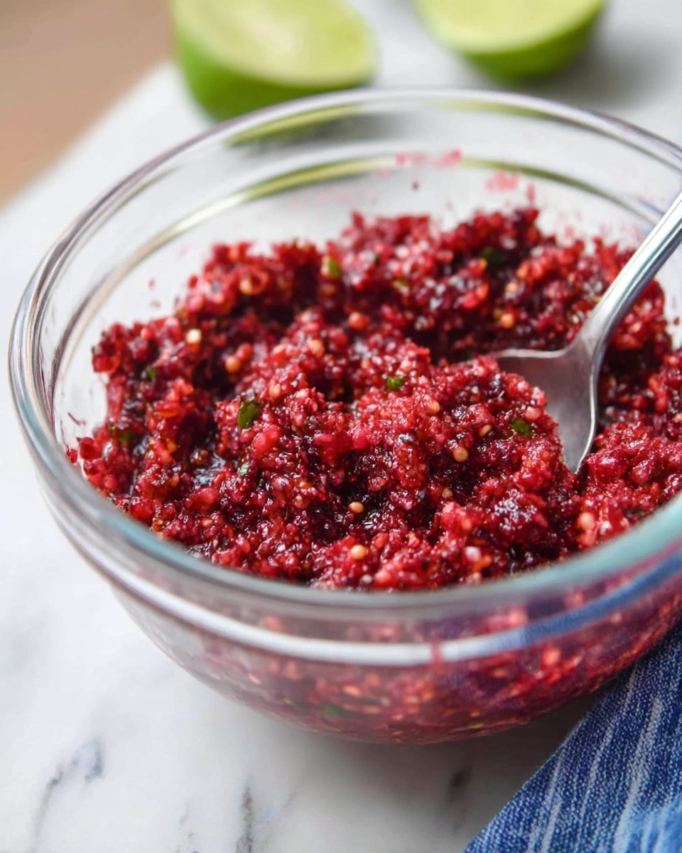 A clear glass bowl filled with a thick, chunky red and dark pink mixture with visible small bits of herbs and seeds, giving it a coarse texture. The mixture looks moist and slightly shiny, with a metal spoon resting inside the bowl on the right side. In the background, there are two lime halves blurred out. The bowl is placed on a white marbled surface with a blue and white cloth partially visible under the bowl on the left side. photo taken with an iphone --ar 4:5 --v 7