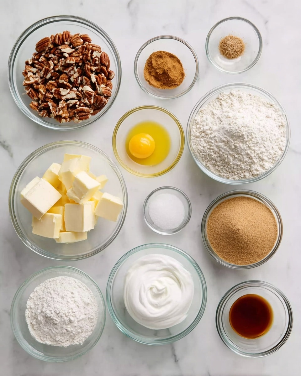 The image shows twelve clear glass bowls of different sizes arranged neatly on a white marbled surface. The contents of the bowls from left to right, top to bottom, include chopped pecans in a large bowl, white flour in another large bowl, granulated sugar in a medium bowl, ground cinnamon in a tiny bowl, melted yellow butter in a small bowl, two raw eggs in a medium bowl, cubed pale yellow butter in a medium bowl, coarse white sugar in a small bowl, light brown sugar in a medium bowl, thick white cream in a medium bowl, dark amber vanilla extract in a tiny bowl, and small amounts of baking soda and salt each in tiny bowls. The arrangement is tidy and the glass bowls show the textures and colors clearly against the white marbled background photo taken with an iphone --ar 4:5 --v 7