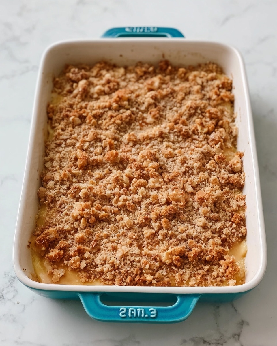 The image shows a rectangular white ceramic baking dish filled with a dessert that has a crumbly texture on top. The dessert has one visible layer with a light brown, nutty crumb topping that looks crunchy and chunky, covering the entire surface evenly. The dish has two turquoise handles on each side with engravings. The background is a white marbled surface. photo taken with an iphone --ar 4:5 --v 7