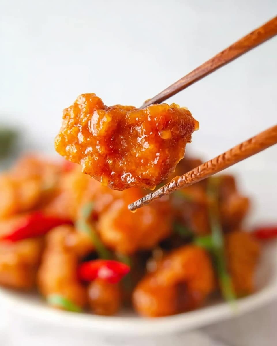 A close-up view of a piece of crispy fried chicken coated in a bright orange sauce, held delicately by wooden chopsticks against a clean white background. The chicken piece has a shiny, sticky texture with slight ridges on its surface from the batter, showing a glossy and moist look. In the blurred background, there is a white plate with more pieces of the same glazed chicken along with small bits of red chili and some green garnish. Photo taken with an iphone --ar 4:5 --v 7