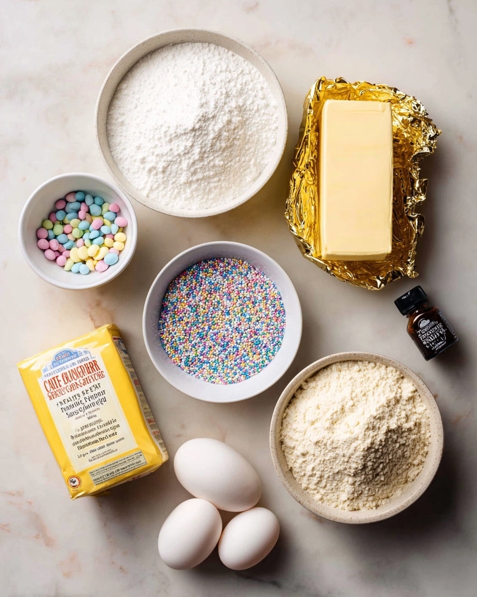 The image shows baking ingredients arranged on a white marbled surface: a white bowl filled with powdery white caster sugar at the top center, a block of pale yellow butter partly wrapped in shiny gold foil to the right, a white bowl with bright pastel-colored round sprinkles below the butter, a small dark bottle labeled vanilla bean paste on the far right, a white bowl holding three white eggs at the bottom right, and a white bowl full of light beige flour at the bottom left. A yellow and white packet of pure cane caster sugar lies next to the flour bowl on the left side. Photo taken with an iphone --ar 4:5 --v 7