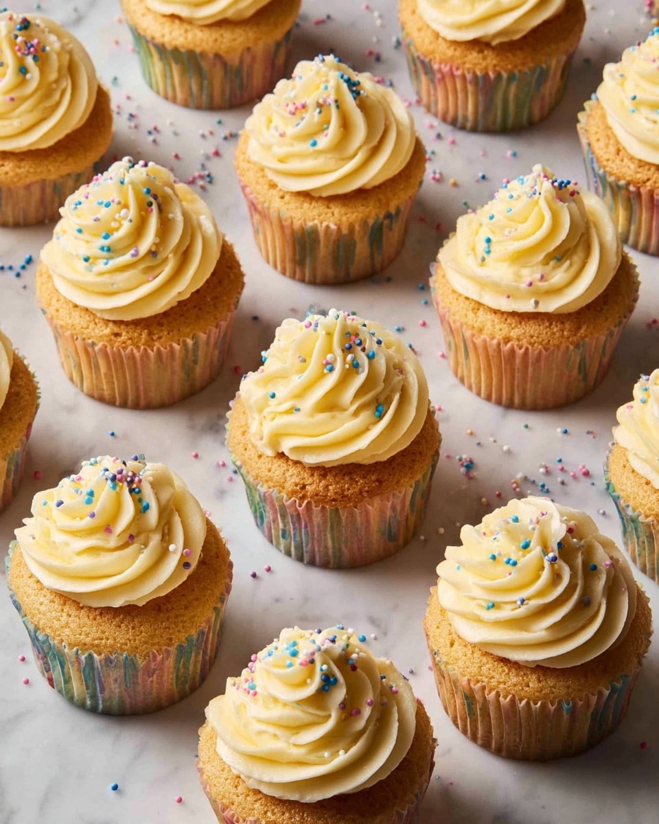 The image shows multiple cupcakes arranged in rows on a white marbled surface. Each cupcake has one main layer of golden-brown cake topped with a thick swirl of creamy, light yellow frosting. The frosting is piped in a spiral pattern creating a rosette shape on top. Small round confetti sprinkles in blue, pink, yellow, and white colors are scattered on the frosting and the surface around the cupcakes giving a playful touch. The cupcake liners are multi-colored and blend softly with the cake layer beneath. The scene is well-lit and captures the texture of the cake and smooth, creamy frosting clearly. photo taken with an iphone --ar 4:5 --v 7