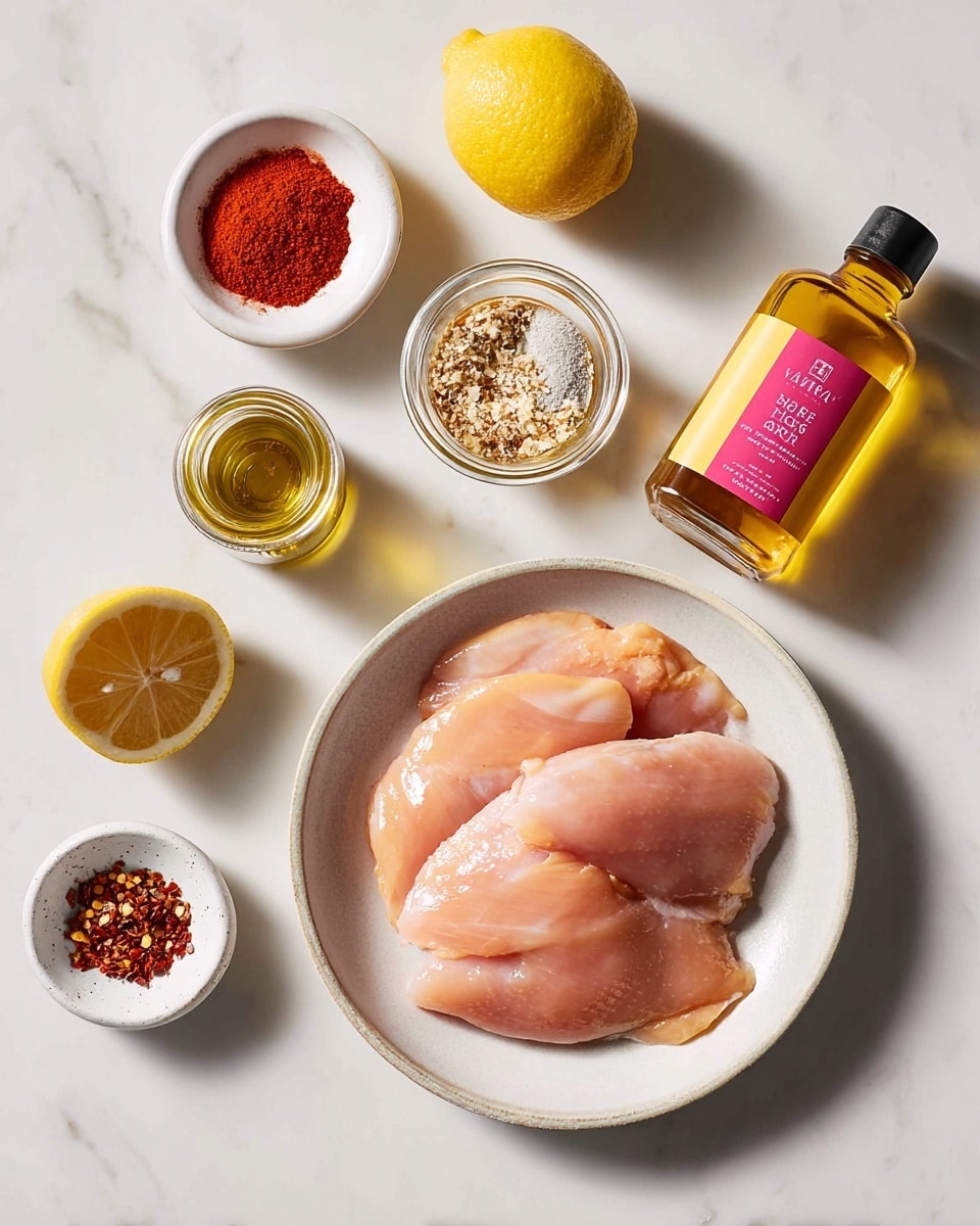 A round white plate sits at the bottom right, filled with four smooth, pale pink chicken pieces layered to cover the plate surface. Around the plate are ingredients arranged on a white marbled texture: a small white bowl with bright red paprika powder at the top left; a whole bright yellow lemon by the top center; a clear bottle with golden olive oil and a black cap below the paprika; a small jar with garlic granules and a pink label centered beside the plate; a clear bottle of amber honey with a yellow label and silver cap on the right; and a small white bowl filled with red chili flakes near the bottom left. The composition is clean, bright, and evenly lit, photo taken with an iphone --ar 4:5 --v 7