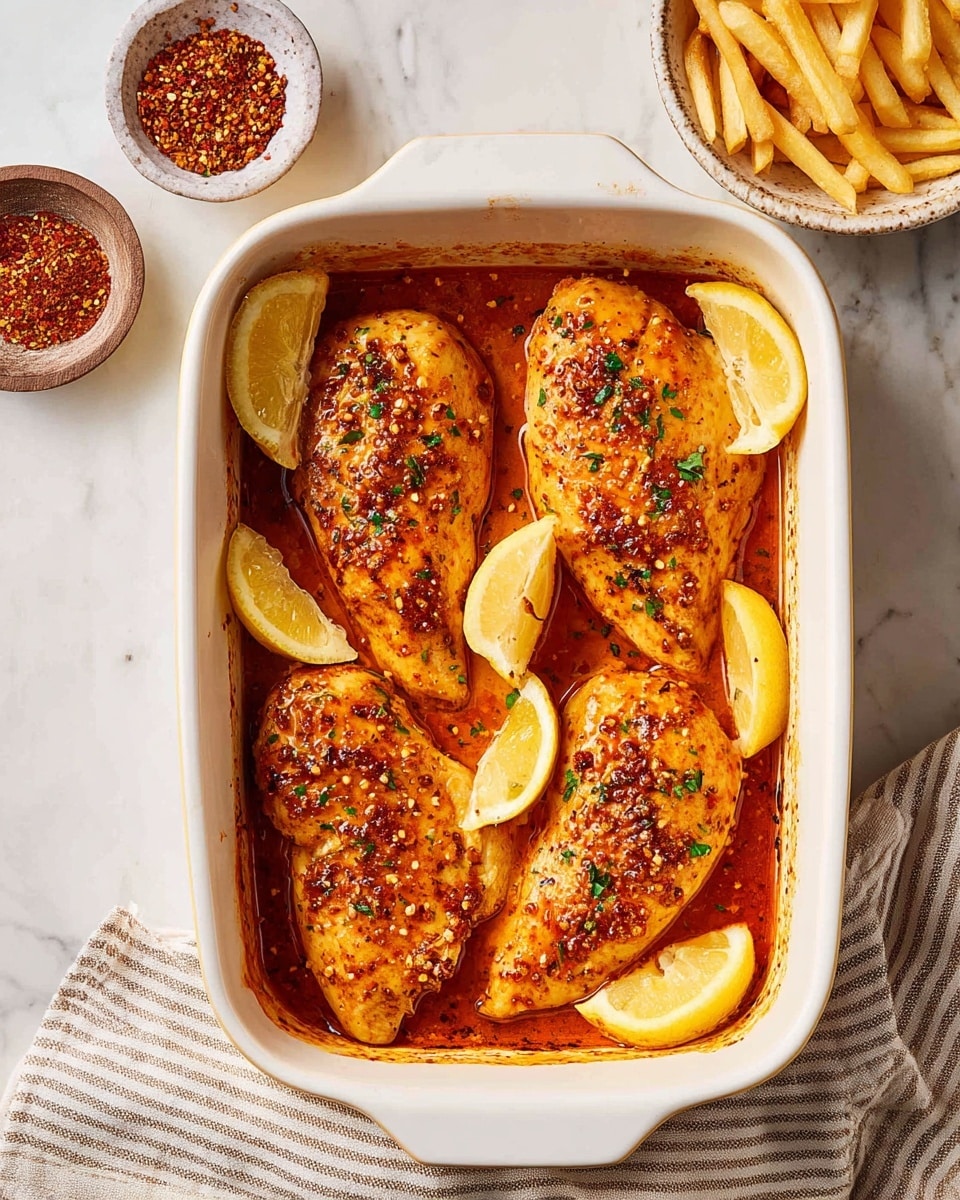 A white rectangular baking dish holds four pieces of browned chicken, evenly spaced in two rows, covered in a reddish-orange sauce with small bits of seasoning on top. Around the chicken are four lemon wedges placed at the edges, adding a bright yellow contrast. The baking dish sits on a white marbled surface, with a small white bowl of thin golden fries visible at the top right and a small white bowl of crushed red seasoning at the top left. The bottom edge of the dish rests on a striped beige and white cloth. Photo taken with an iphone --ar 4:5 --v 7