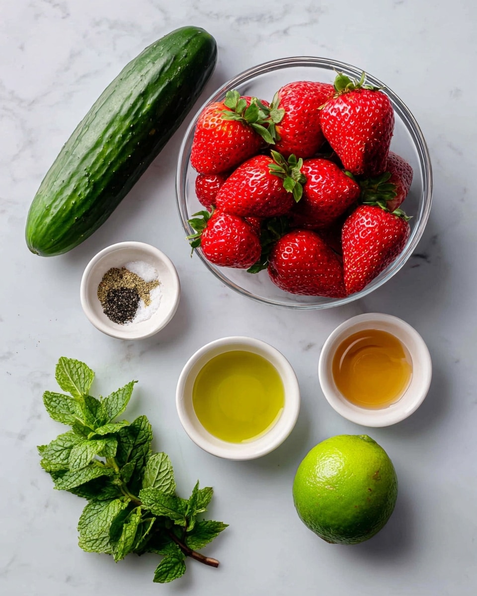 A clear glass bowl filled with bright red strawberries with green leaves sits on a white marbled surface. Below it, a small white bowl holds a mix of black pepper and salt labeled seasonings. To the left, a whole green cucumber lies on the surface. Below the cucumber, a white bowl contains golden olive oil. To the right of the olive oil, there is a whole lime with dark green skin. Above the lime, a small white bowl holds golden honey. Next to the lime and honey, a small bunch of fresh green mint leaves rests on the surface. All items are labeled with simple black and white tags. Photo taken with an iphone --ar 4:5 --v 7