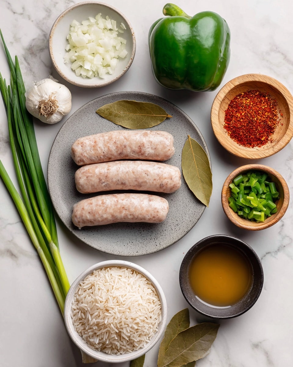 The image shows several cooking ingredients arranged neatly on a white marbled surface. In the center, three raw sausages are placed on a round grey plate, with their smooth pale pink texture visible. To the right, a whole green bell pepper with a shiny surface is next to a small round wooden bowl filled with bright red Cajun spice. Nearby, two dried bay leaves rest flat on the surface. At the top, a small white bowl holds chopped white onion pieces that look slightly translucent. Below that, a whole garlic bulb with its papery skin is visible. To the bottom right, another small wooden bowl contains chopped green celery pieces. At the bottom center, a white bowl is filled with uncooked white rice, showing its elongated grains. To the left, fresh green herbs and two long green chives lay on the surface, next to a small dark bowl filled with golden chicken broth. The overall composition is clear and tidy, with each ingredient distinct. Photo taken with an iphone --ar 4:5 --v 7