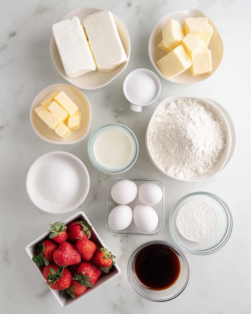 A top-down view of various baking ingredients arranged neatly on a white marbled surface. There are three white bowls; one with two large white blocks of cream cheese, one with pale yellow butter cubes, and one filled with white powdered sugar. A larger white bowl holds white flour, and another white bowl contains white granulated sugar. Three white eggs are placed next to a small glass bowl of white milk, a small clear glass bowl with white baking powder, and a small glass bowl with dark brown vanilla extract. A small white square bowl is filled with fresh, red strawberries with green leaves on top. Photo taken with an iphone --ar 4:5 --v 7