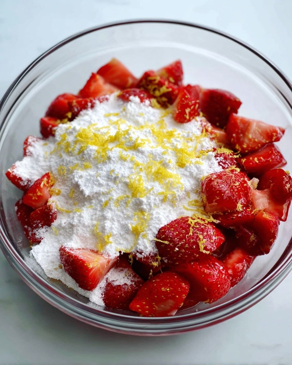 A clear glass bowl filled with large, bright red strawberry pieces forms the base layer. On top of the strawberries, there is a thick layer of white powdery sugar. Scattered across the sugar are fine strands of light yellow lemon zest. The bowl is placed on a white marbled surface. photo taken with an iphone --ar 4:5 --v 7