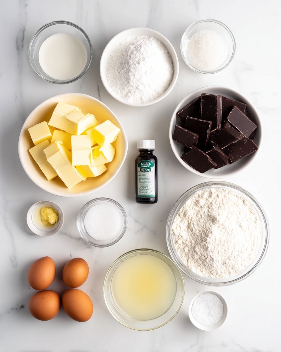 A top-down view of baking ingredients placed on a white marbled surface, including four brown eggs in the lower center, a white bowl of cubed yellow butter on the left, a white bowl of white granulated sugar at the top left, a white bowl filled with dark chocolate squares at the top right, and a white bowl with white flour on the right side. Smaller clear glass bowls contain white powdered sugar, baking soda, and salt spread around. A small bottle of dark vanilla or peppermint extract with a white cap is near the center, and a tiny green bottle is visible below in the middle. A small clear bowl with a light yellow liquid and another bowl with a pale cream liquid are placed to the lower right. Photo taken with an iphone --ar 4:5 --v 7