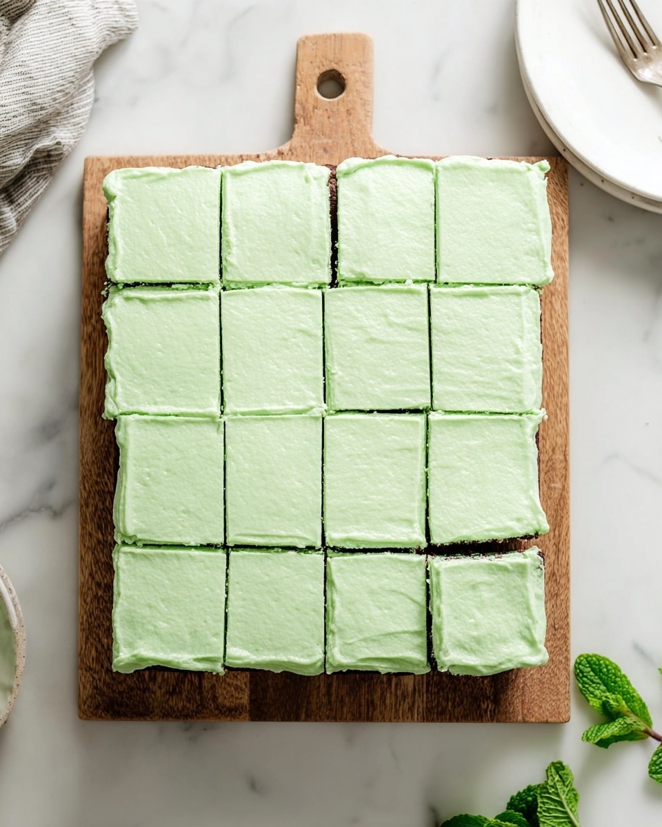 A rectangular chocolate cake is placed on a wooden board on a white marbled surface. The cake is topped with one smooth layer of light green frosting that covers it evenly. The cake is cut into 15 square pieces, arranged in 3 columns and 5 rows. The edges of the frosting are slightly rounded and textured. To the right, a white plate with a silver fork is partially visible, and a sprig of fresh mint lies in the bottom right corner. Photo taken with an iphone --ar 4:5 --v 7