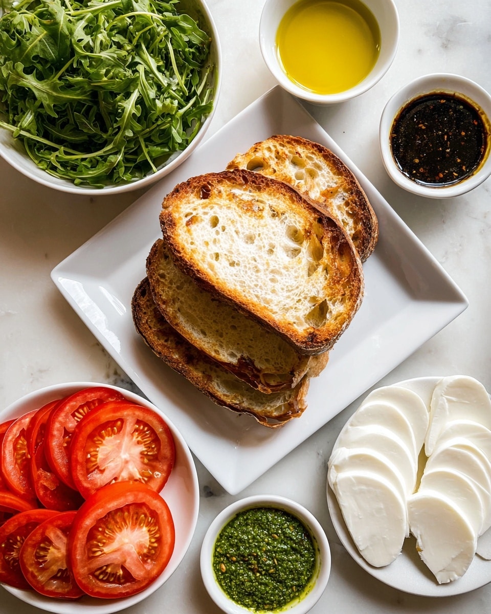Three slices of toasted bread with a golden brown, slightly crispy crust rest stacked in the center on a white square plate. To the top left, there is a bowl filled with fresh, green arugula leaves, showing a lively, leafy texture. On the right side of the bread, two small white bowls hold liquids; the top one contains a dense, dark balsamic glaze, and the bottom one is filled with golden olive oil. Below, a round white plate features soft, white slices of mozzarella cheese with a smooth, moist texture, next to a small bowl of bright green pesto sauce. At the bottom left corner, a round plate filled with evenly sliced red tomatoes shows their juicy, shiny, and slightly translucent flesh. The entire scene is set on a white marbled surface. photo taken with an iphone --ar 4:5 --v 7
